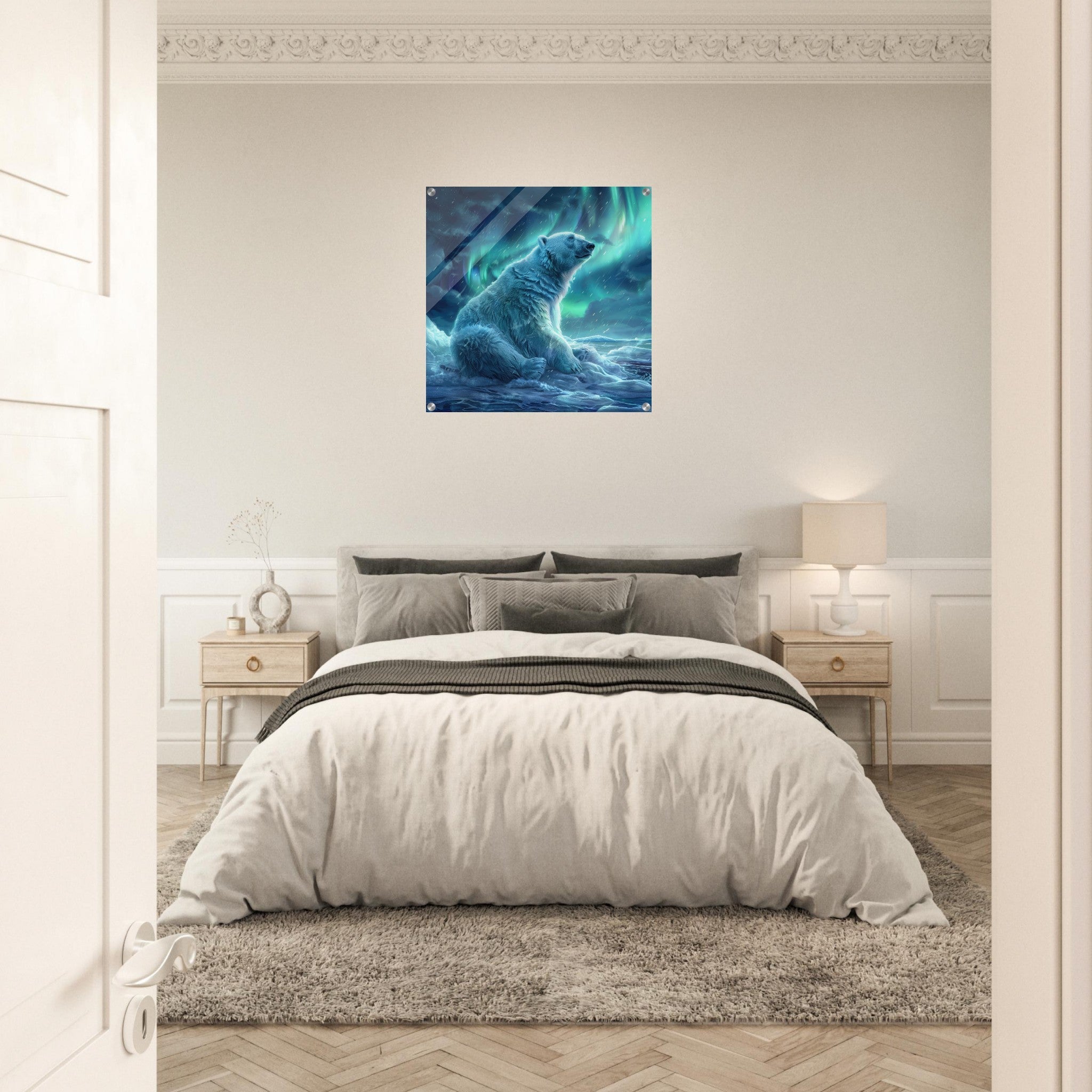 Acrylic Print Square - Polar Bear in the cold Night Enjoying the Northern Lights - Ai Art Force