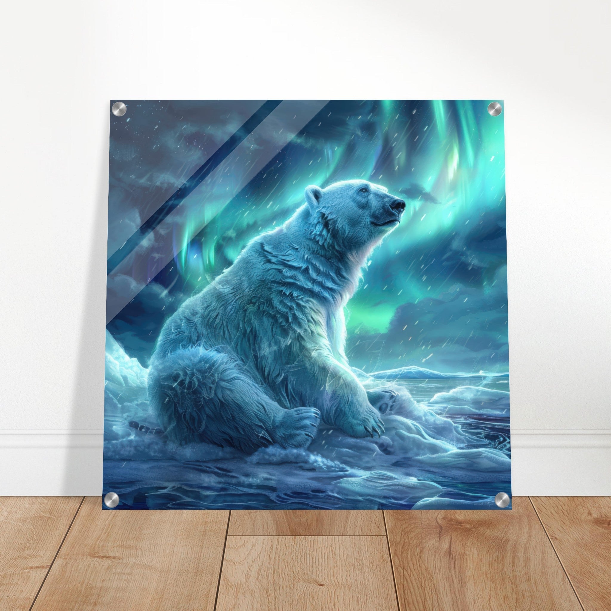 Acrylic Print Square - Polar Bear in the cold Night Enjoying the Northern Lights - Ai Art Force