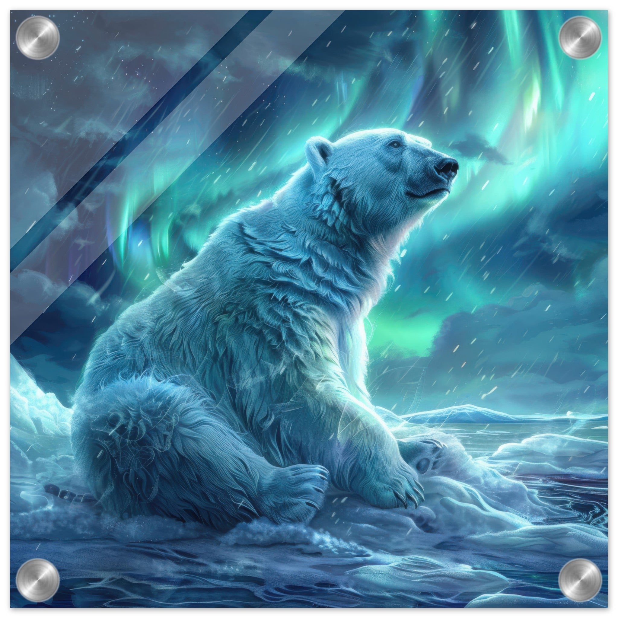 Acrylic Print Square - Polar Bear in the cold Night Enjoying the Northern Lights - Ai Art Force