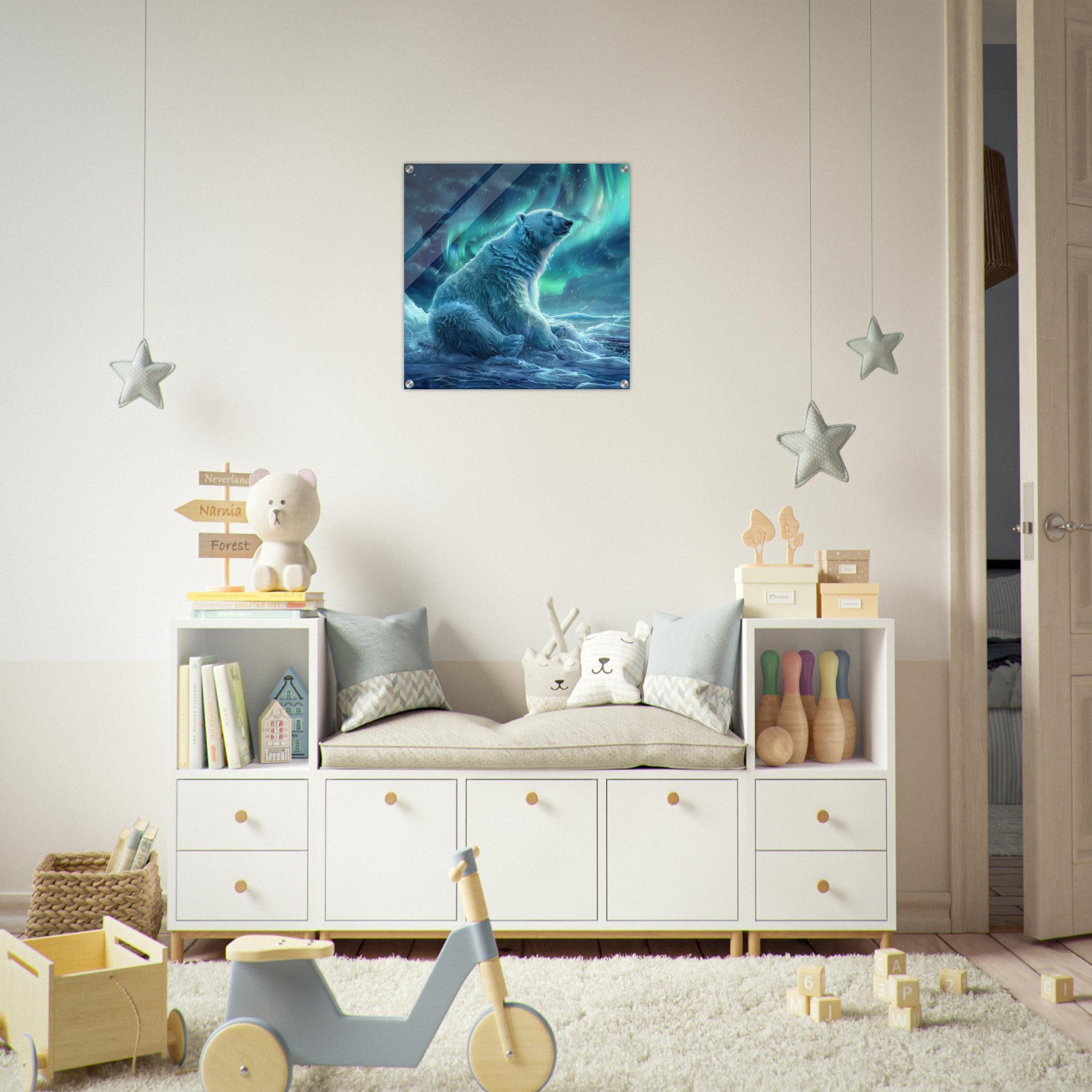Acrylic Print Square - Polar Bear in the cold Night Enjoying the Northern Lights - Ai Art Force