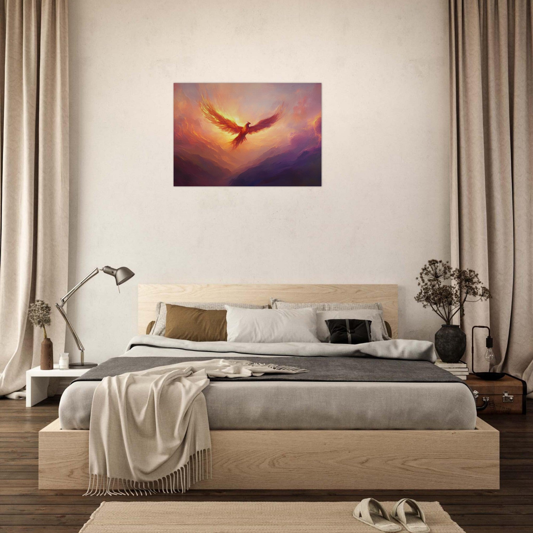 Aluminum Print Landscape - A celestial phoenix soars above a misty valley - Ai Art Force