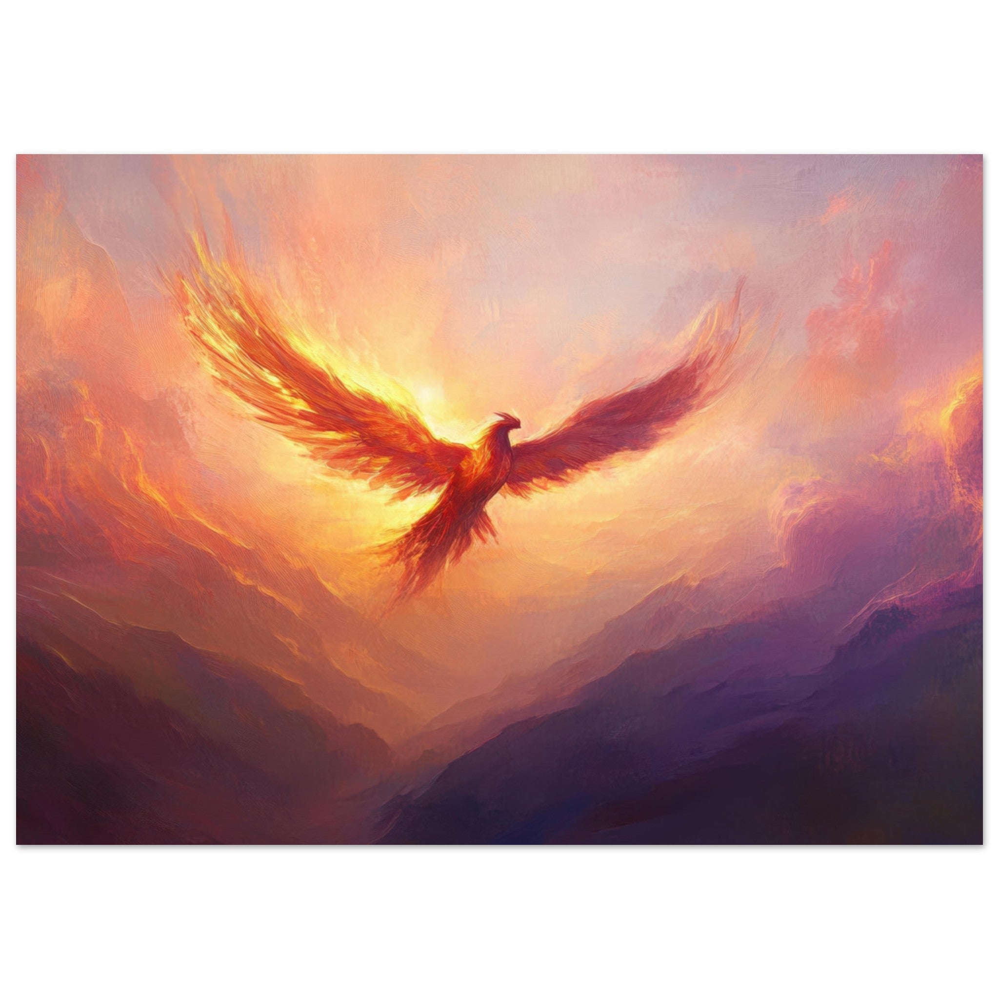 Aluminum Print Landscape - A celestial phoenix soars above a misty valley - Ai Art Force