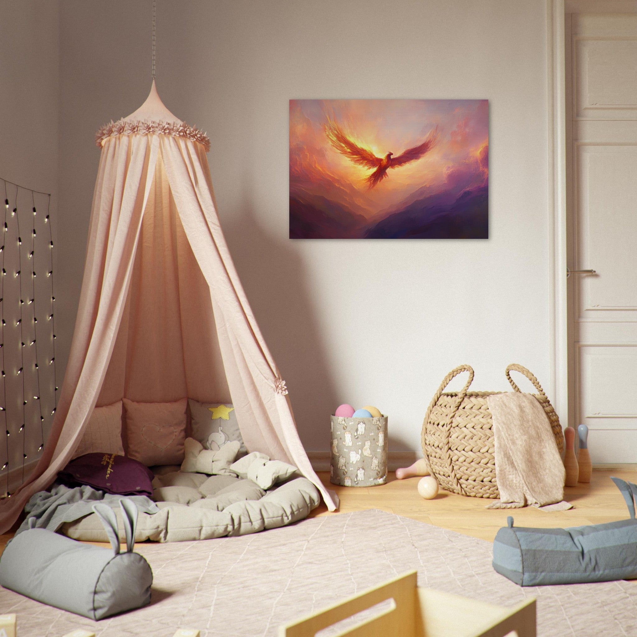Aluminum Print Landscape - A celestial phoenix soars above a misty valley - Ai Art Force