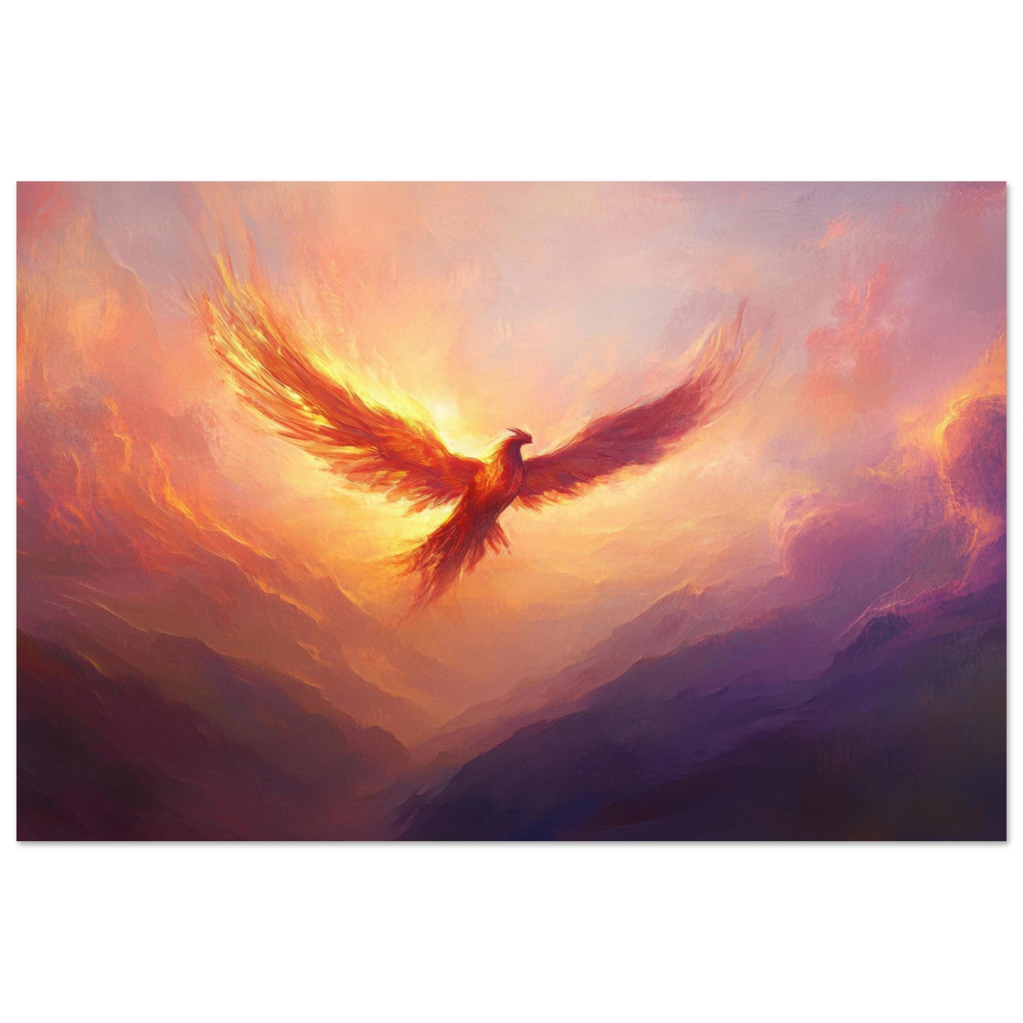 Aluminum Print Landscape - A celestial phoenix soars above a misty valley - Ai Art Force