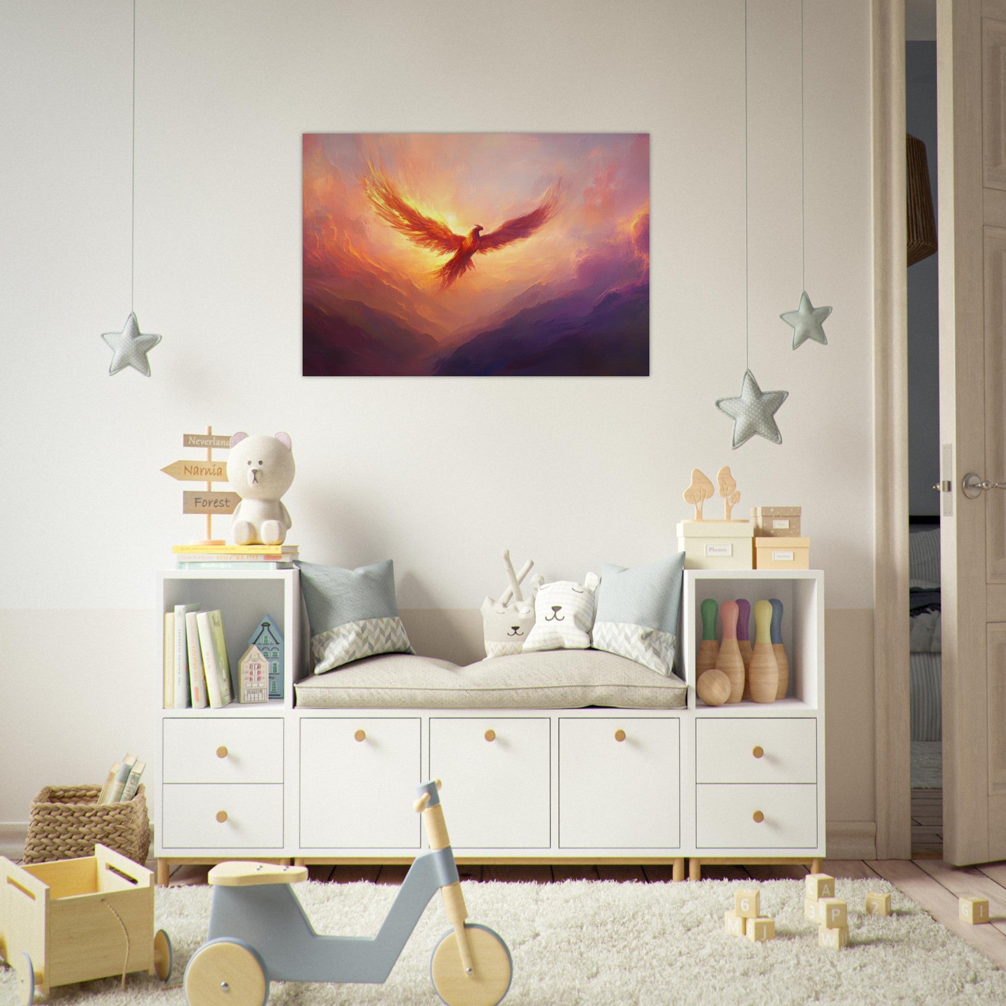 Aluminum Print Landscape - A celestial phoenix soars above a misty valley - Ai Art Force