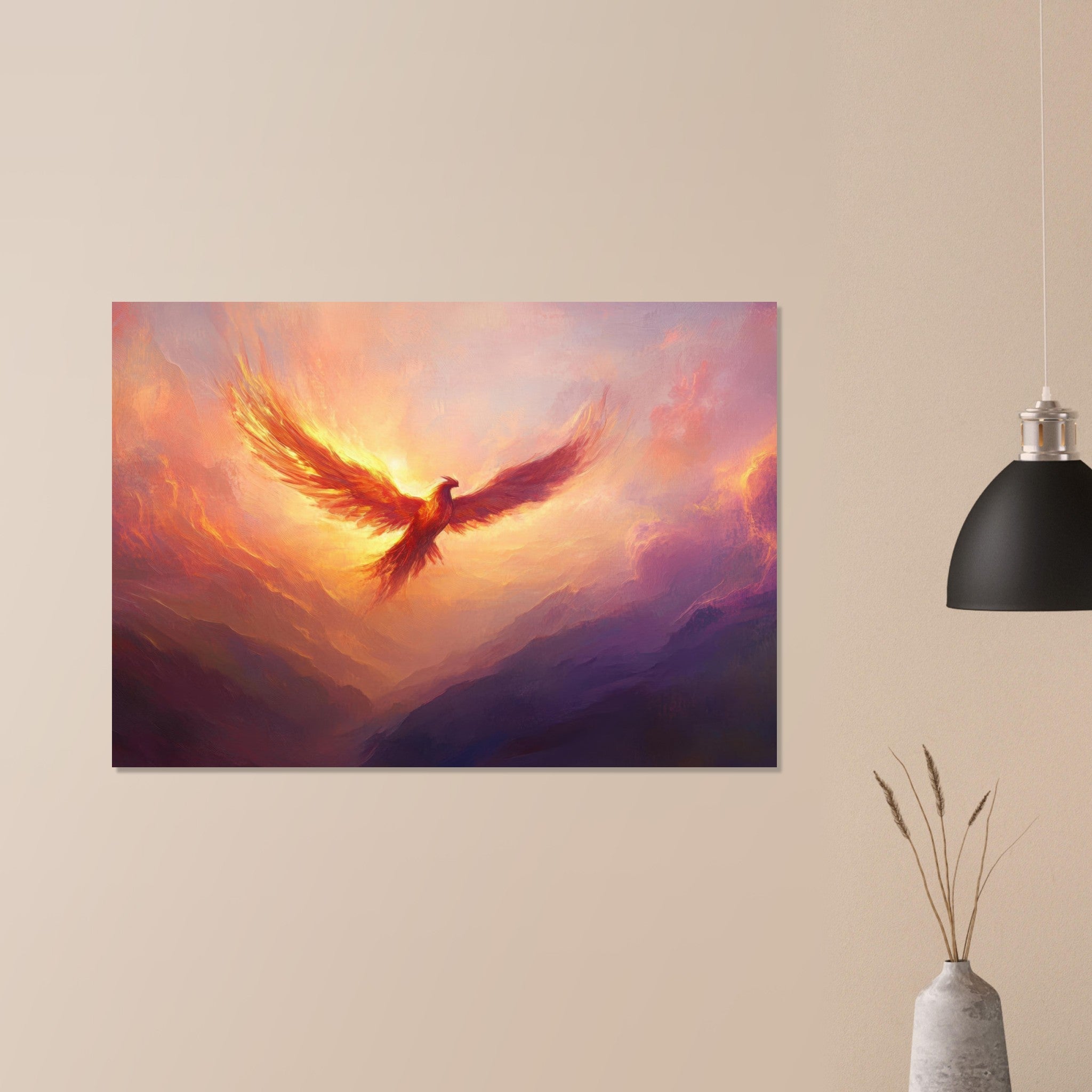 Aluminum Print Landscape - A celestial phoenix soars above a misty valley - Ai Art Force