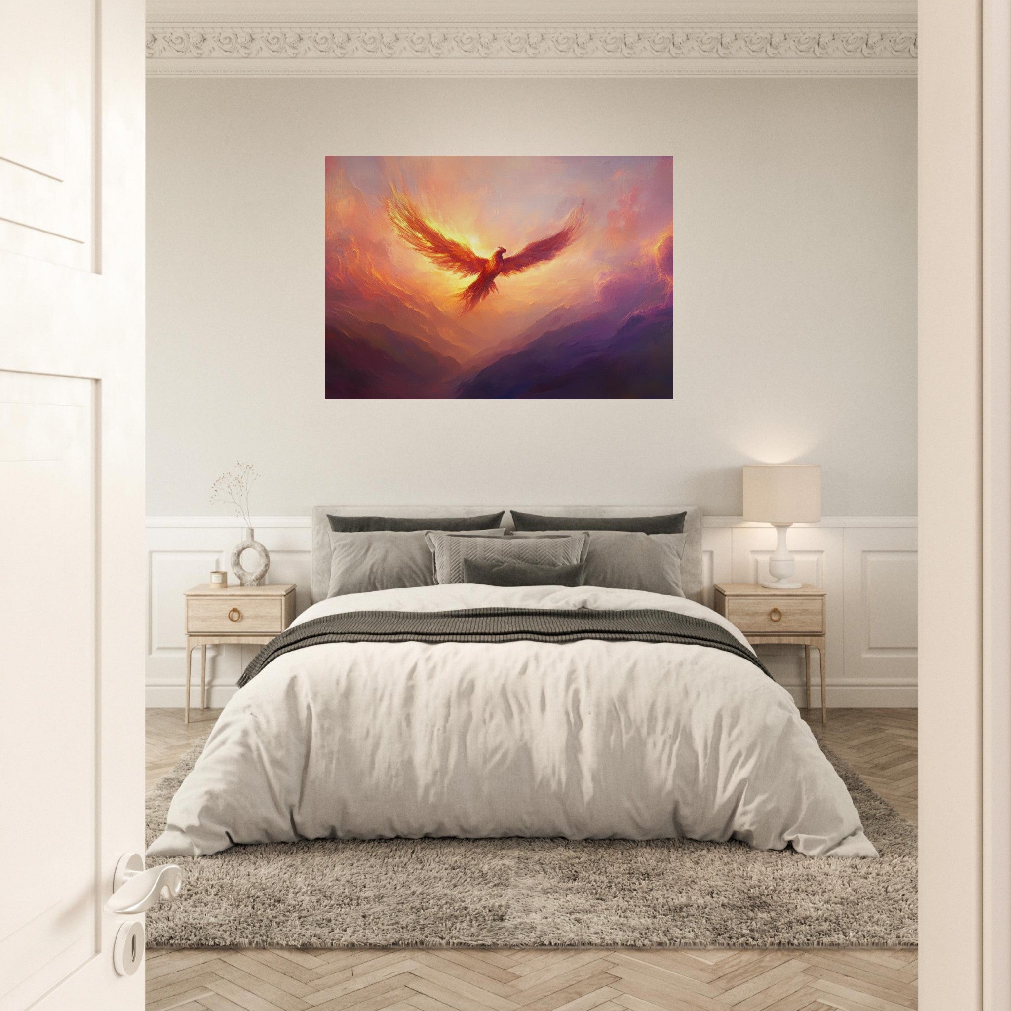 Aluminum Print Landscape - A celestial phoenix soars above a misty valley - Ai Art Force