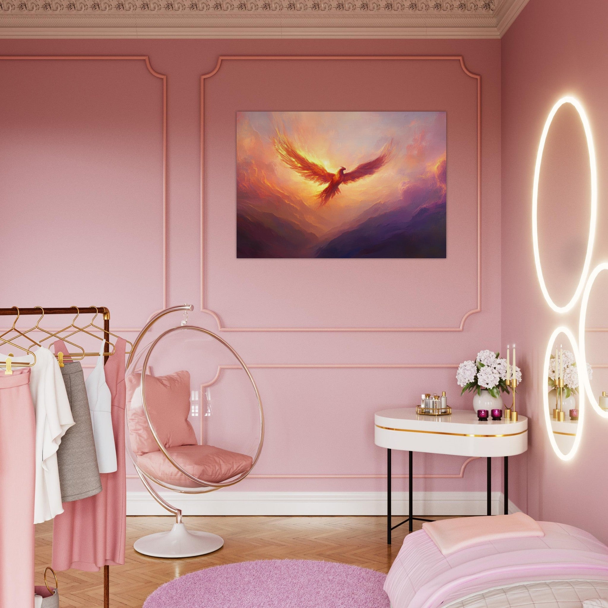 Aluminum Print Landscape - A celestial phoenix soars above a misty valley - Ai Art Force