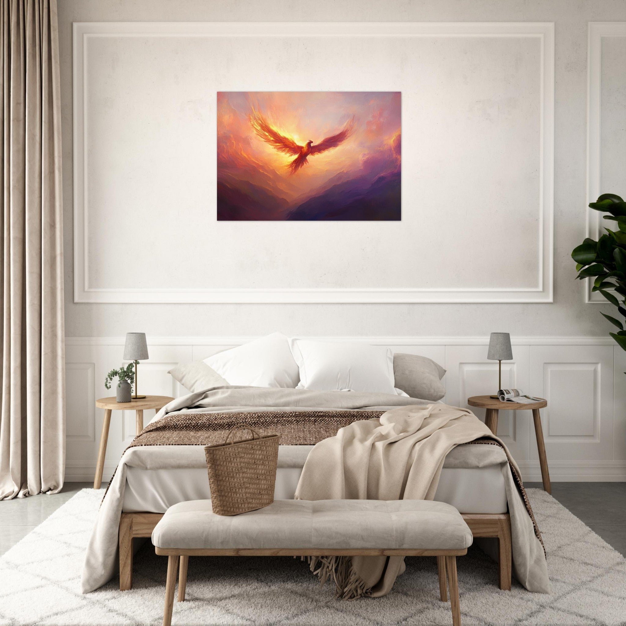 Aluminum Print Landscape - A celestial phoenix soars above a misty valley - Ai Art Force