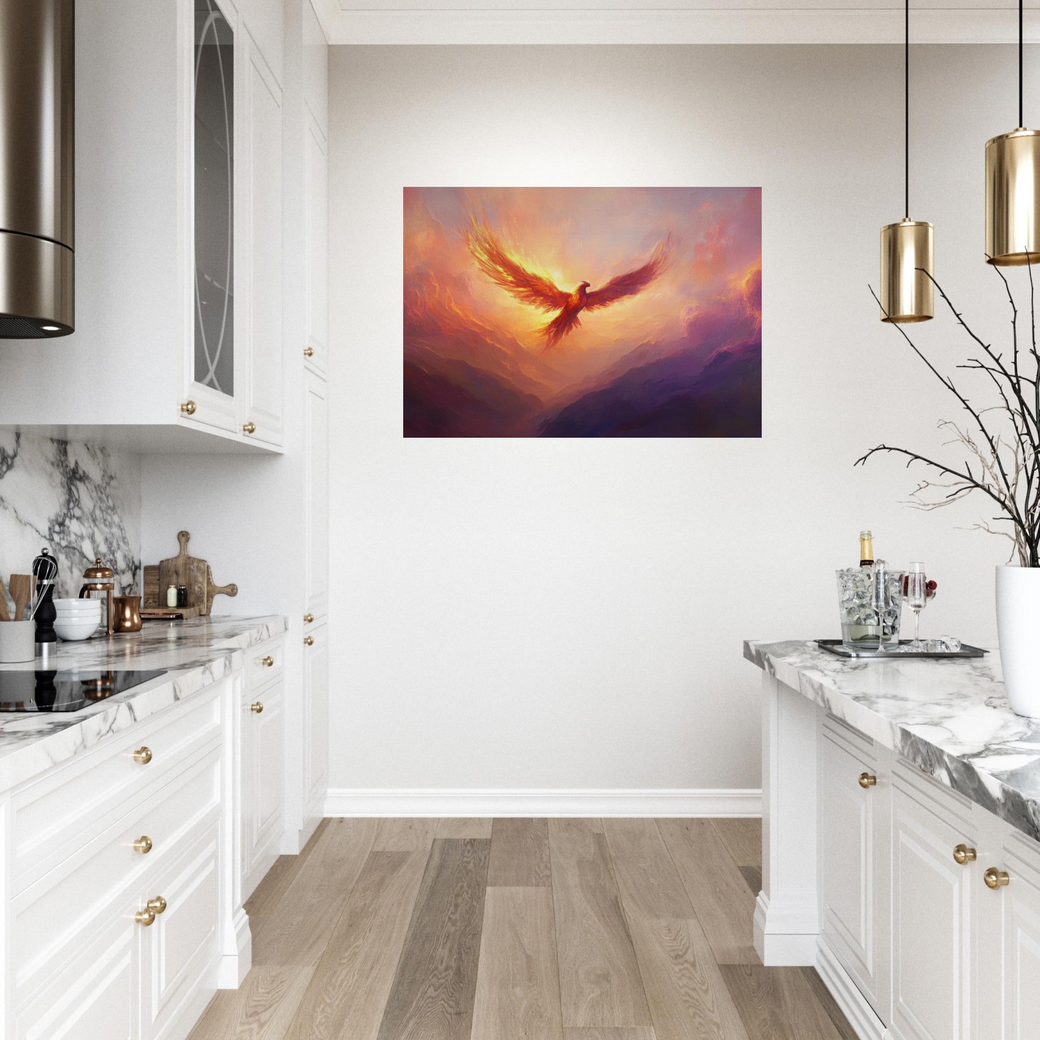 Aluminum Print Landscape - A celestial phoenix soars above a misty valley - Ai Art Force