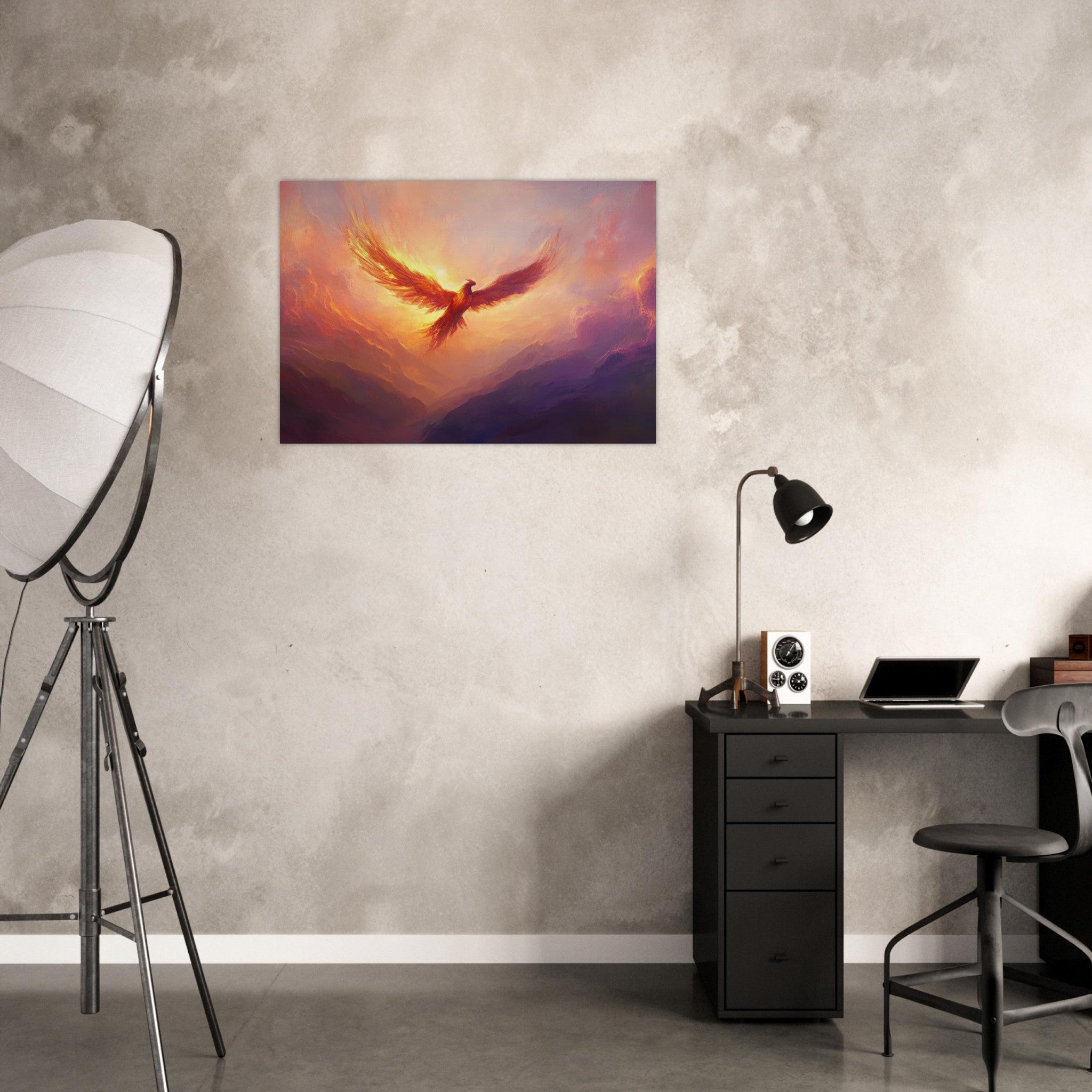 Aluminum Print Landscape - A celestial phoenix soars above a misty valley - Ai Art Force
