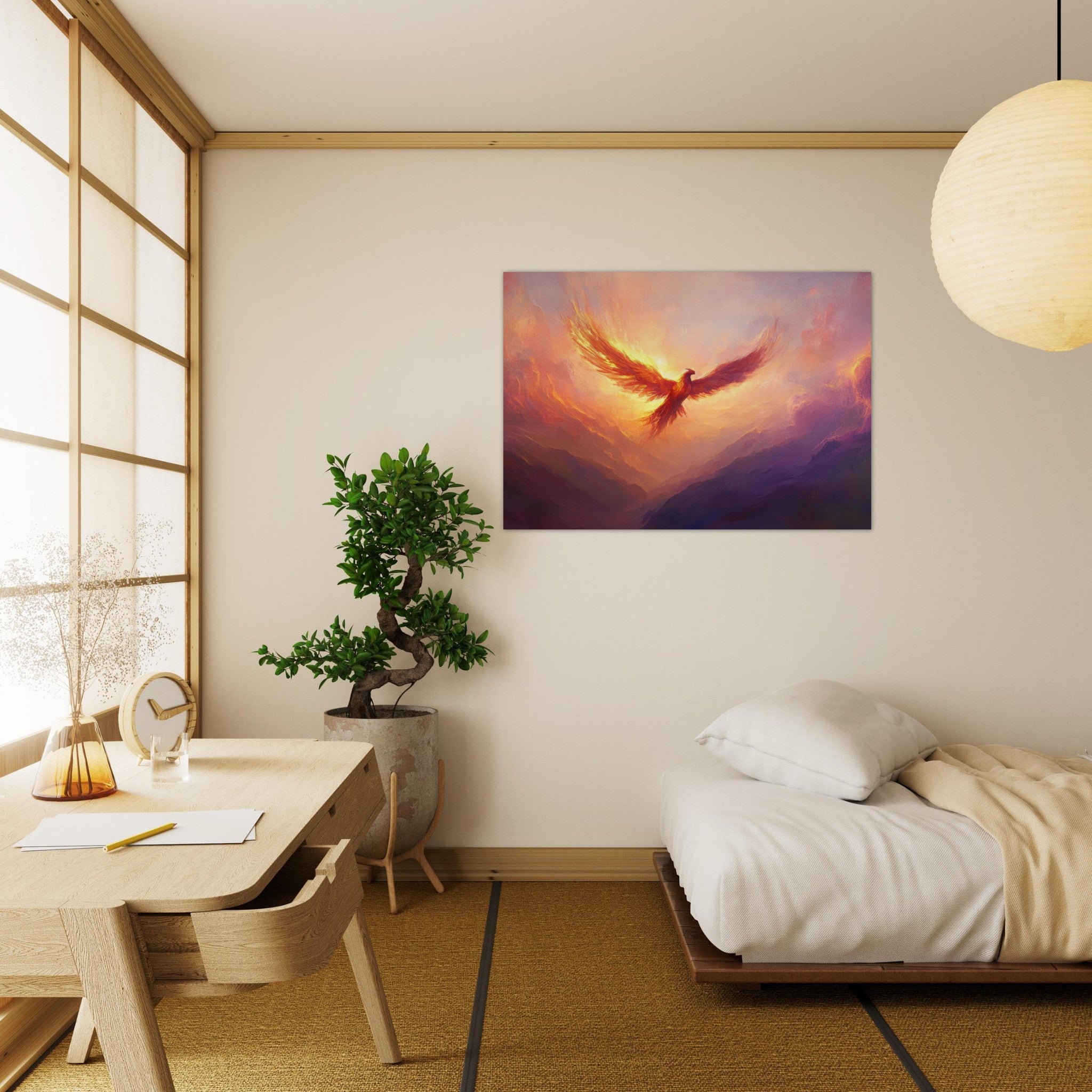 Aluminum Print Landscape - A celestial phoenix soars above a misty valley - Ai Art Force