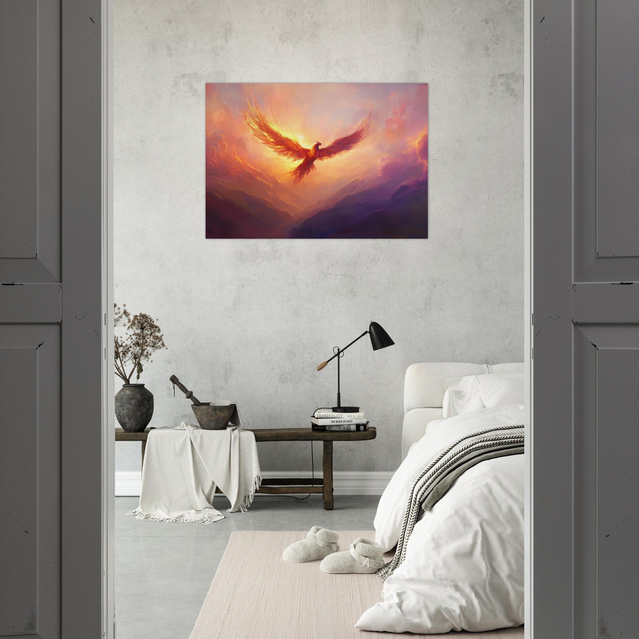 Aluminum Print Landscape - A celestial phoenix soars above a misty valley - Ai Art Force