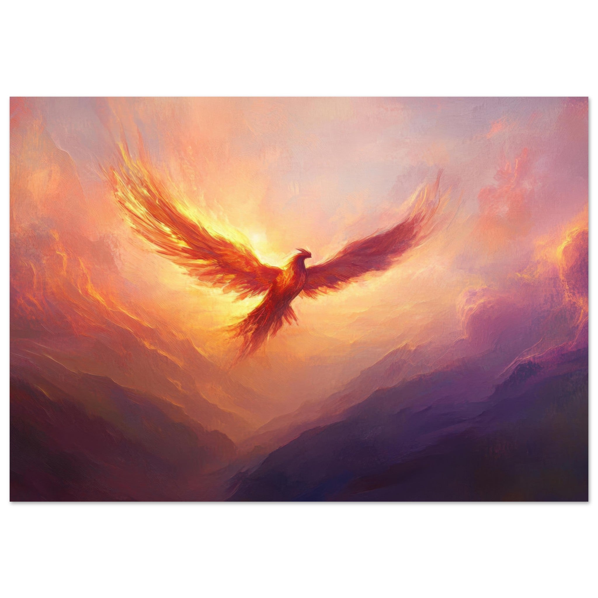 Aluminum Print Landscape - A celestial phoenix soars above a misty valley - Ai Art Force