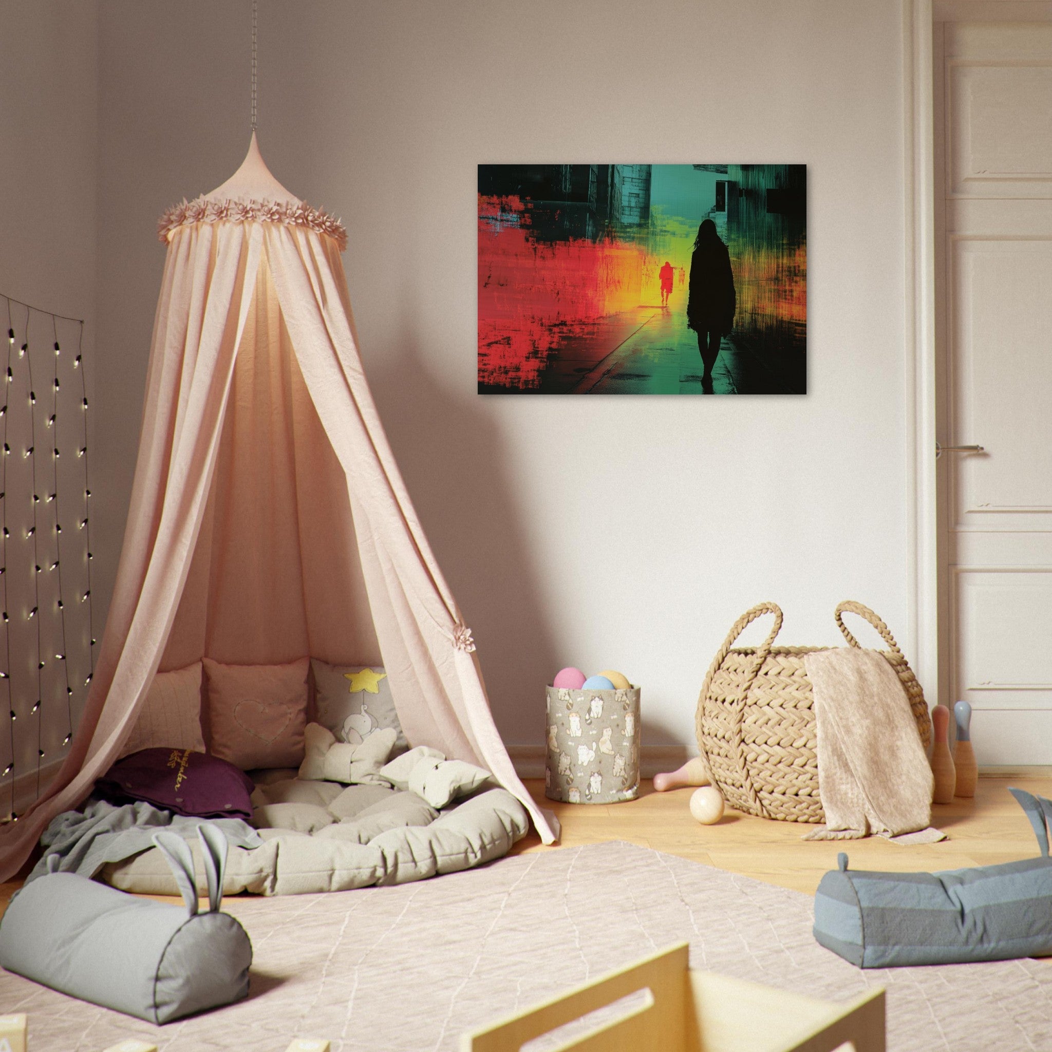 Aluminum Print Landscape - A city where neon lights create impossible rifle 2 - Shop Ai Art WebShop - Digital Art online Store
