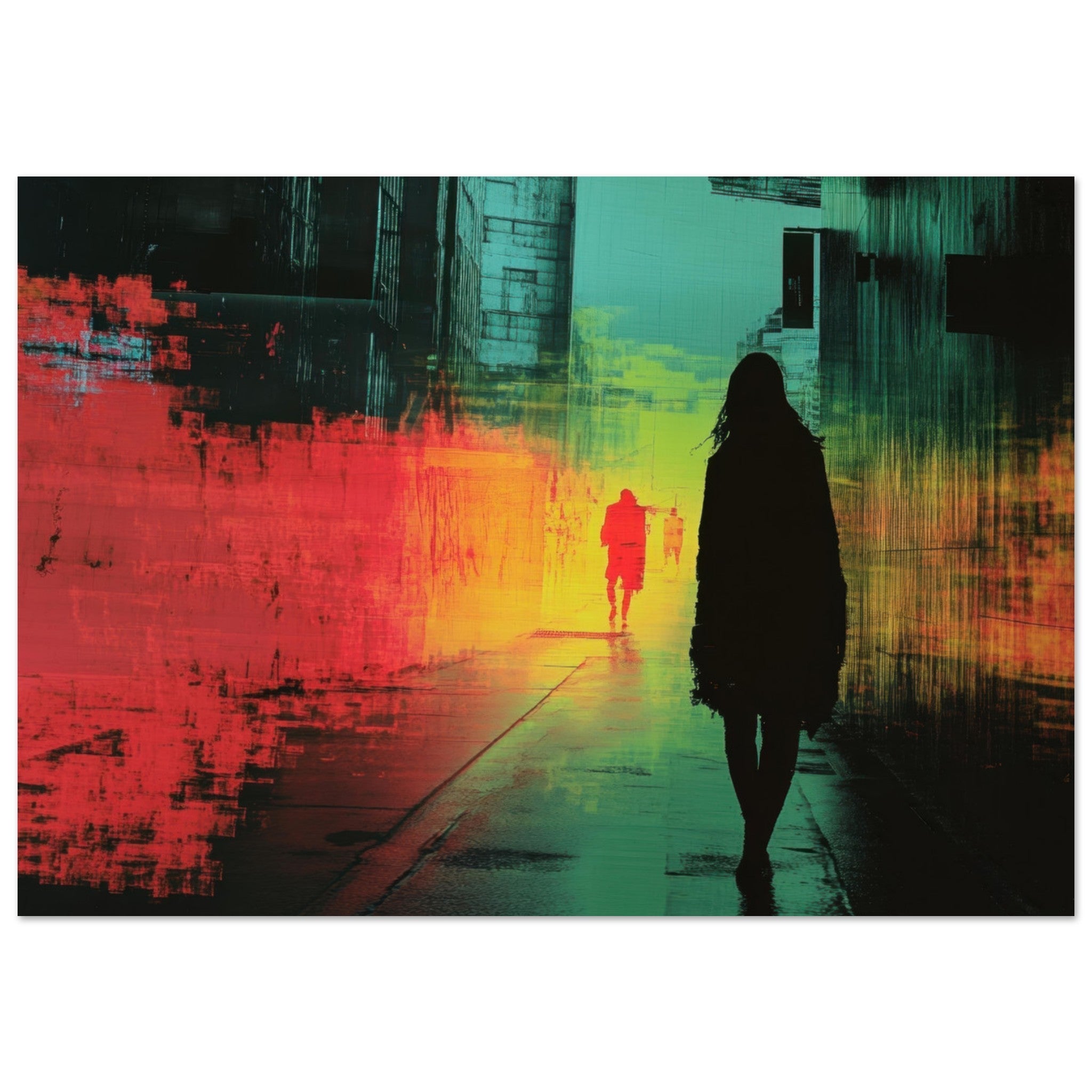 Aluminum Print Landscape - A city where neon lights create impossible rifle 2 - Shop Ai Art WebShop - Digital Art online Store