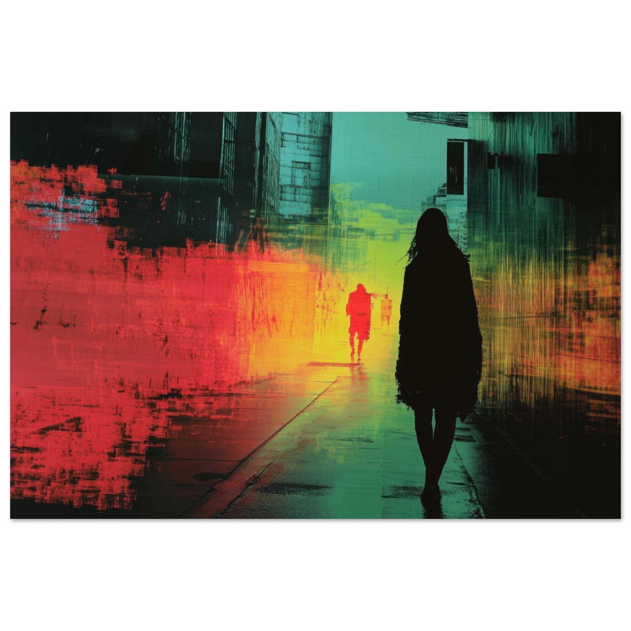 Aluminum Print Landscape - A city where neon lights create impossible rifle 2 - Shop Ai Art WebShop - Digital Art online Store