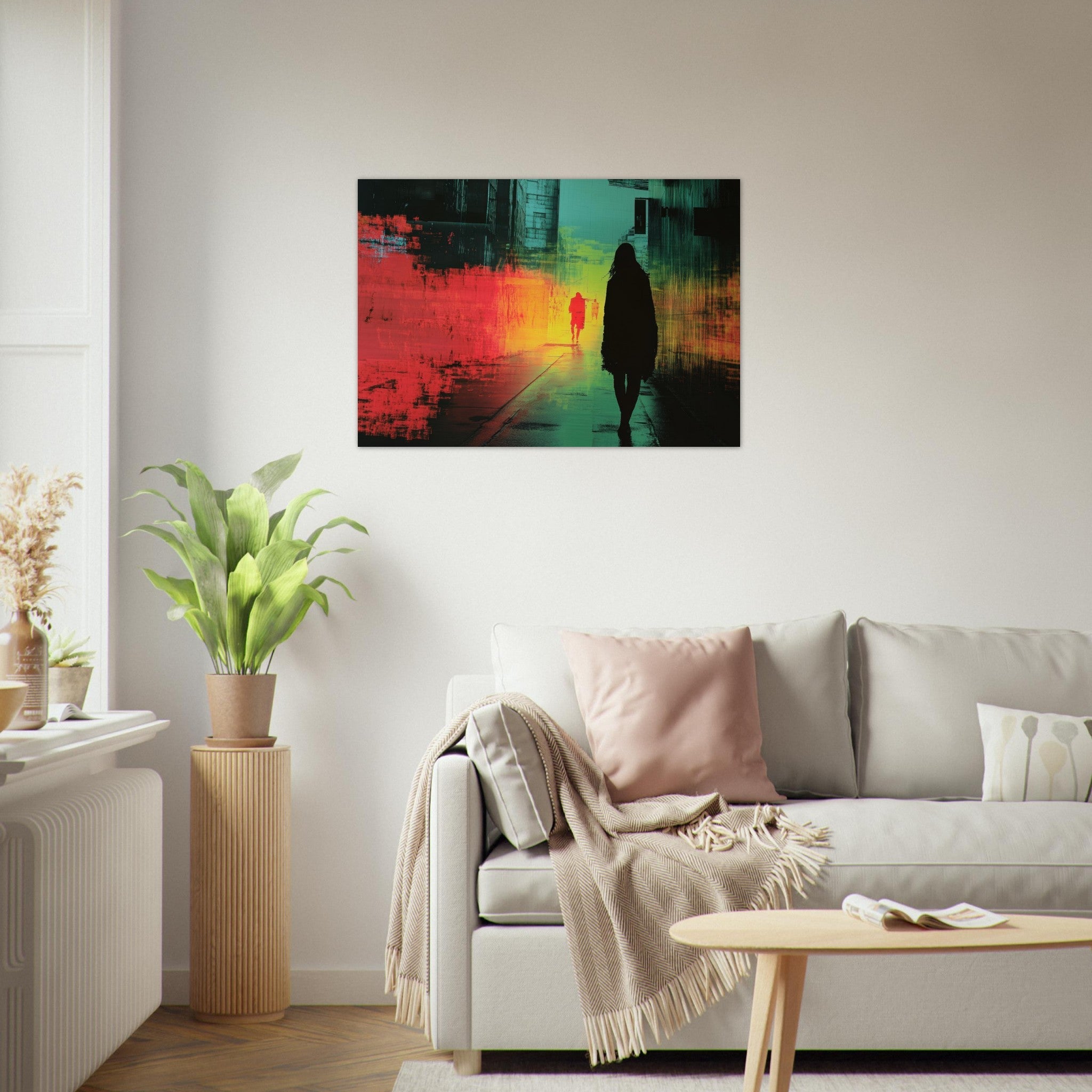 Aluminum Print Landscape - A city where neon lights create impossible rifle 2 - Shop Ai Art WebShop - Digital Art online Store