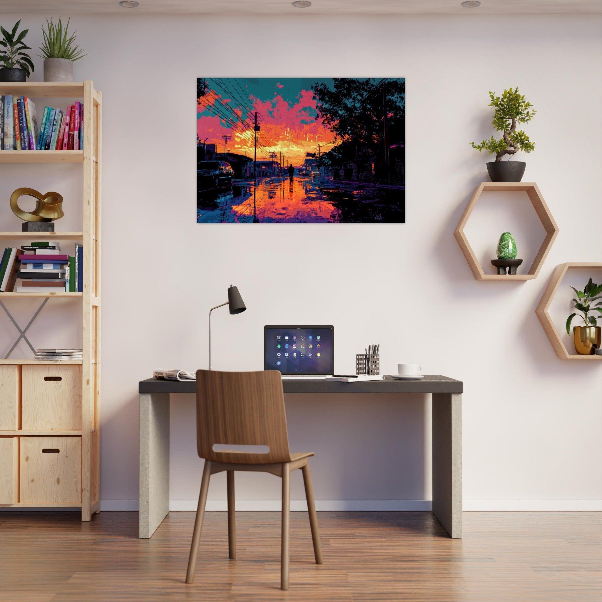 Aluminum Print Landscape - A city where neon lights create impossible rifle 3 - Shop Ai Art WebShop - Digital Art online Store