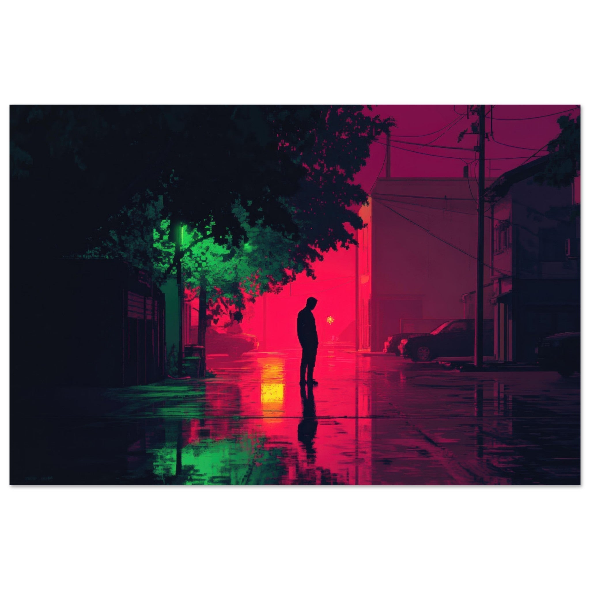 Aluminum Print Landscape - A city where neon lights create impossible rifle 4 - Ai Art Force