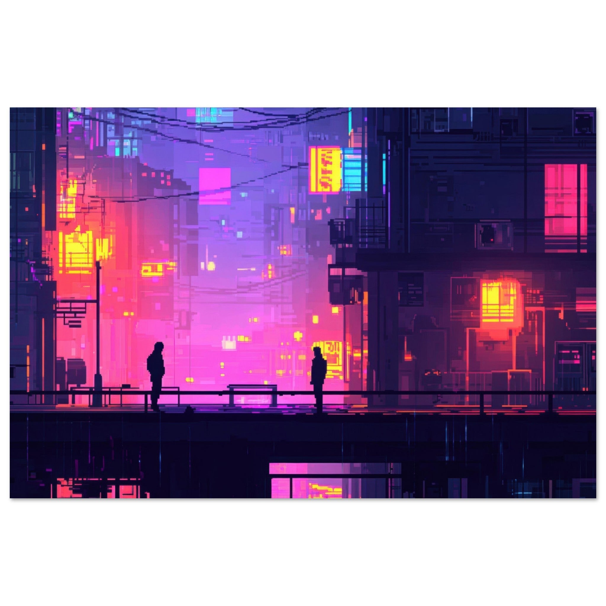 Aluminum Print Landscape - A city where neon lights create impossible rifle 5 - Shop Ai Art WebShop - Digital Art online Store
