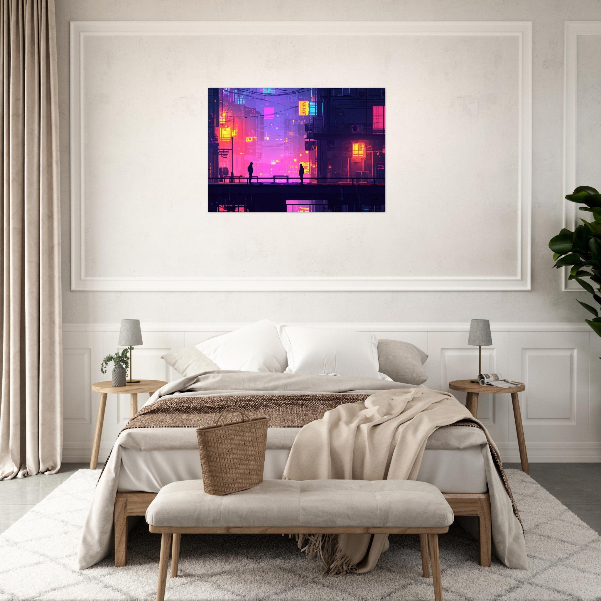Aluminum Print Landscape - A city where neon lights create impossible rifle 5 - Shop Ai Art WebShop - Digital Art online Store
