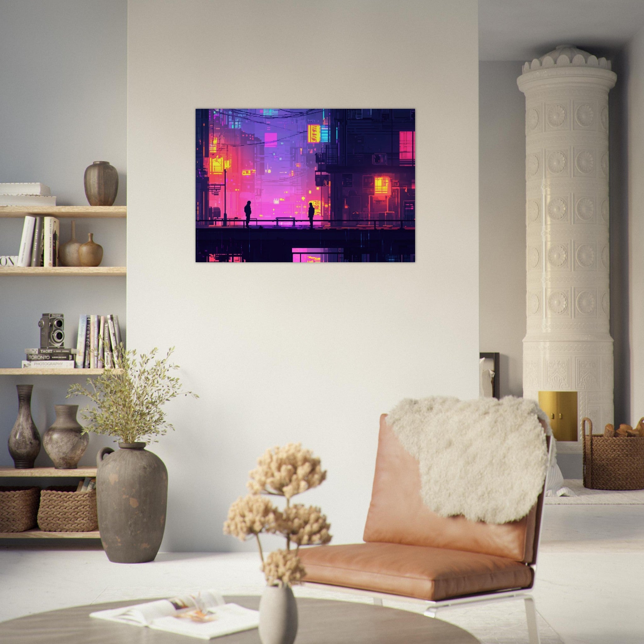Aluminum Print Landscape - A city where neon lights create impossible rifle 5 - Shop Ai Art WebShop - Digital Art online Store