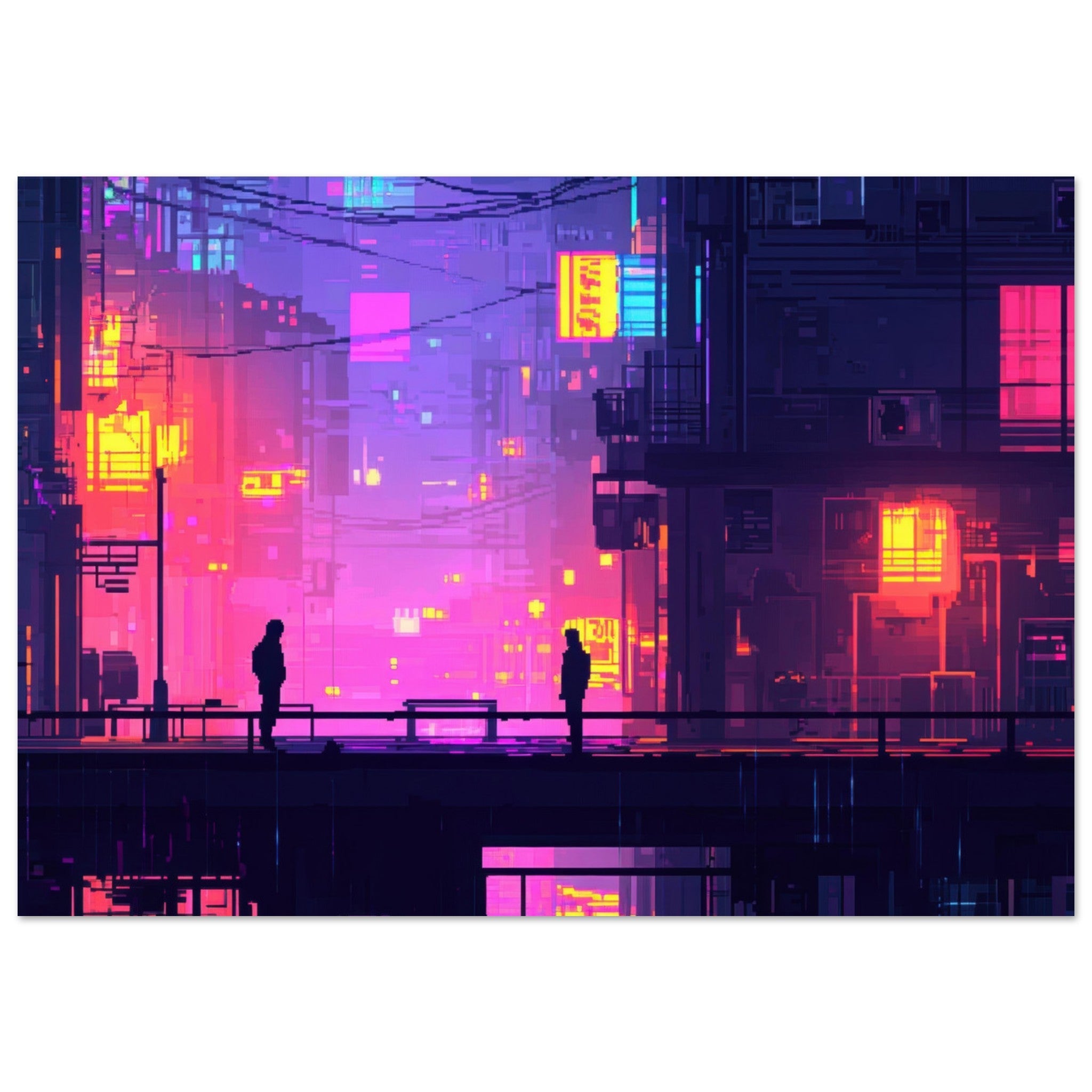 Aluminum Print Landscape - A city where neon lights create impossible rifle 5 - Shop Ai Art WebShop - Digital Art online Store