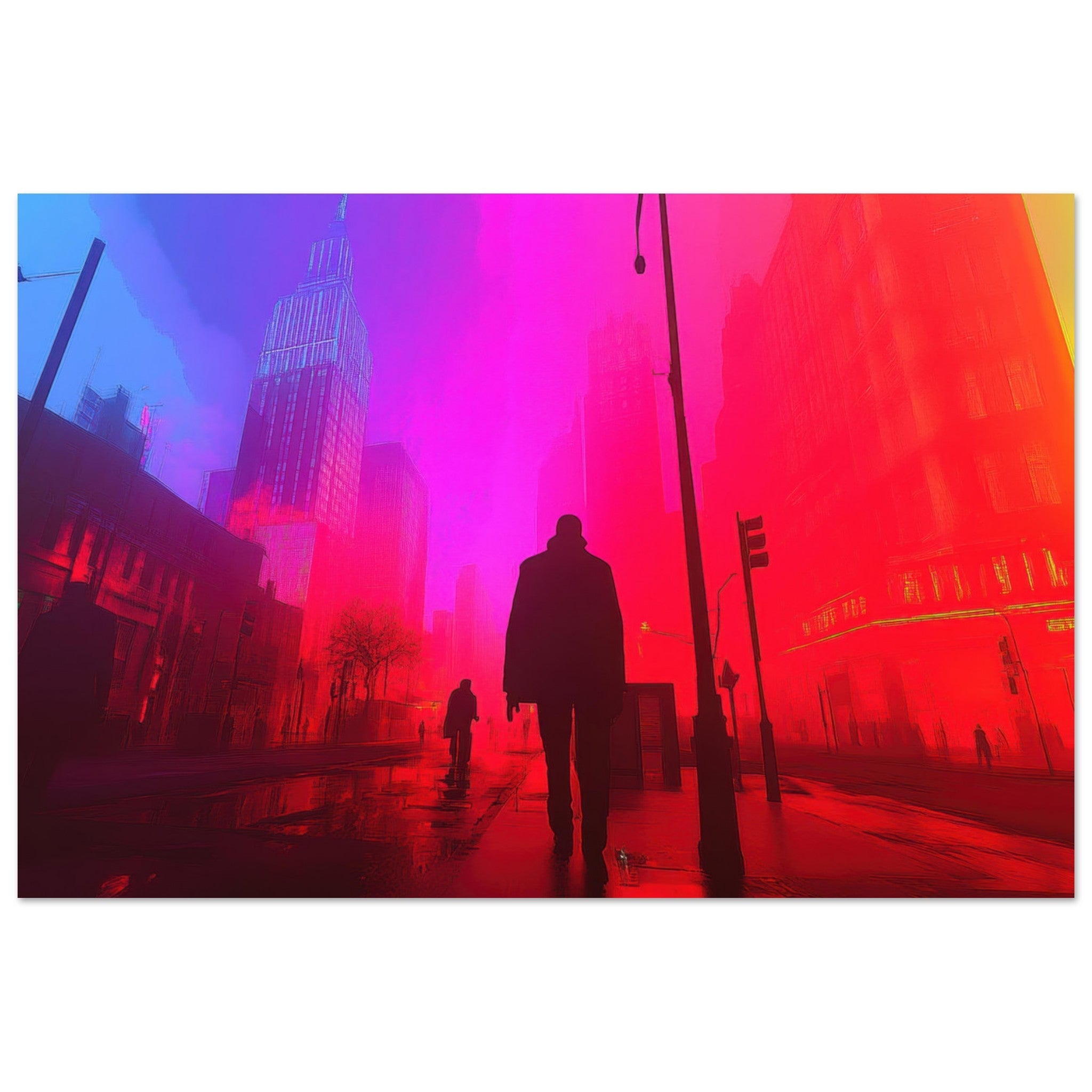 Aluminum Print Landscape - A city where neon lights create impossible rifle - Shop Ai Art WebShop - Digital Art online Store