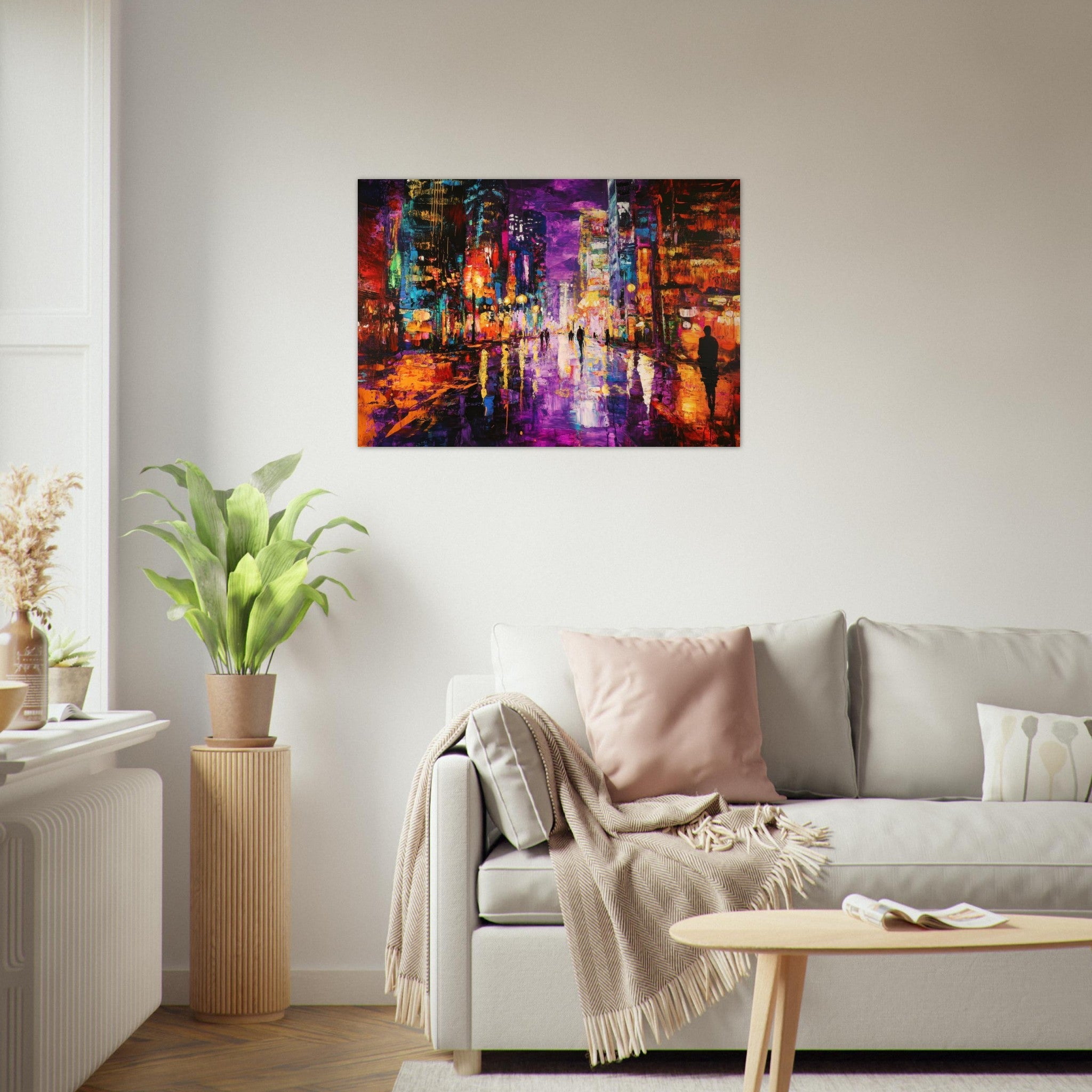 Aluminum Print Landscape - A cityscape bathed in the dim glow of streetligh - Shop Ai Art WebShop - Digital Art online Store
