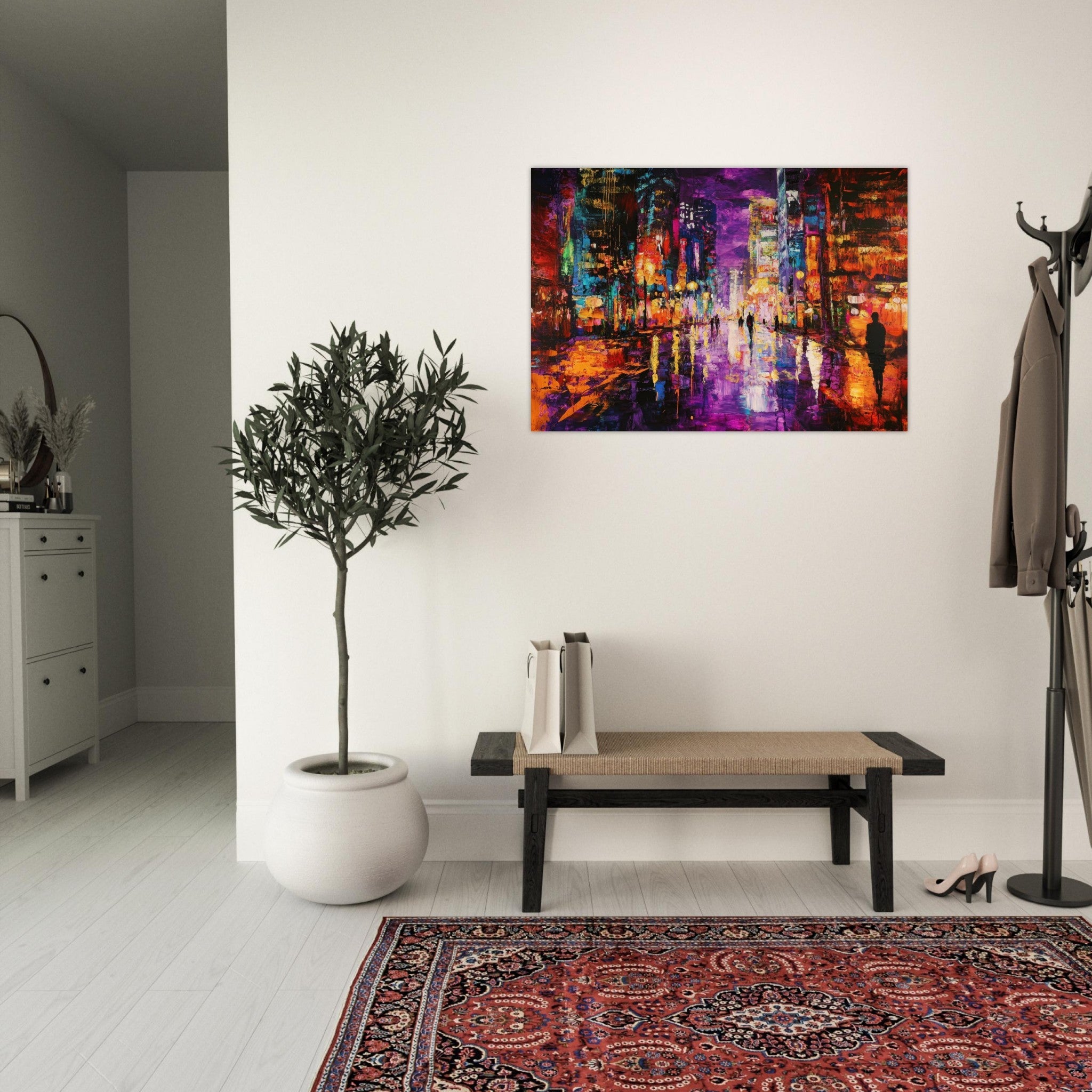 Aluminum Print Landscape - A cityscape bathed in the dim glow of streetligh - Shop Ai Art WebShop - Digital Art online Store