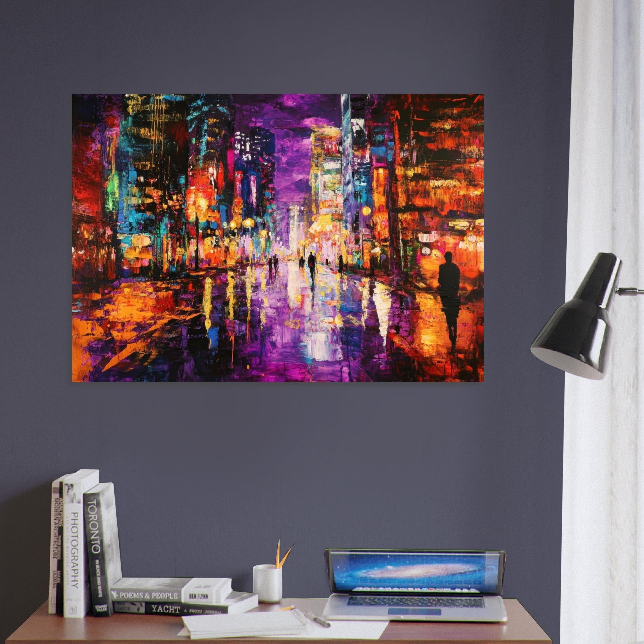 Aluminum Print Landscape - A cityscape bathed in the dim glow of streetligh - Shop Ai Art WebShop - Digital Art online Store