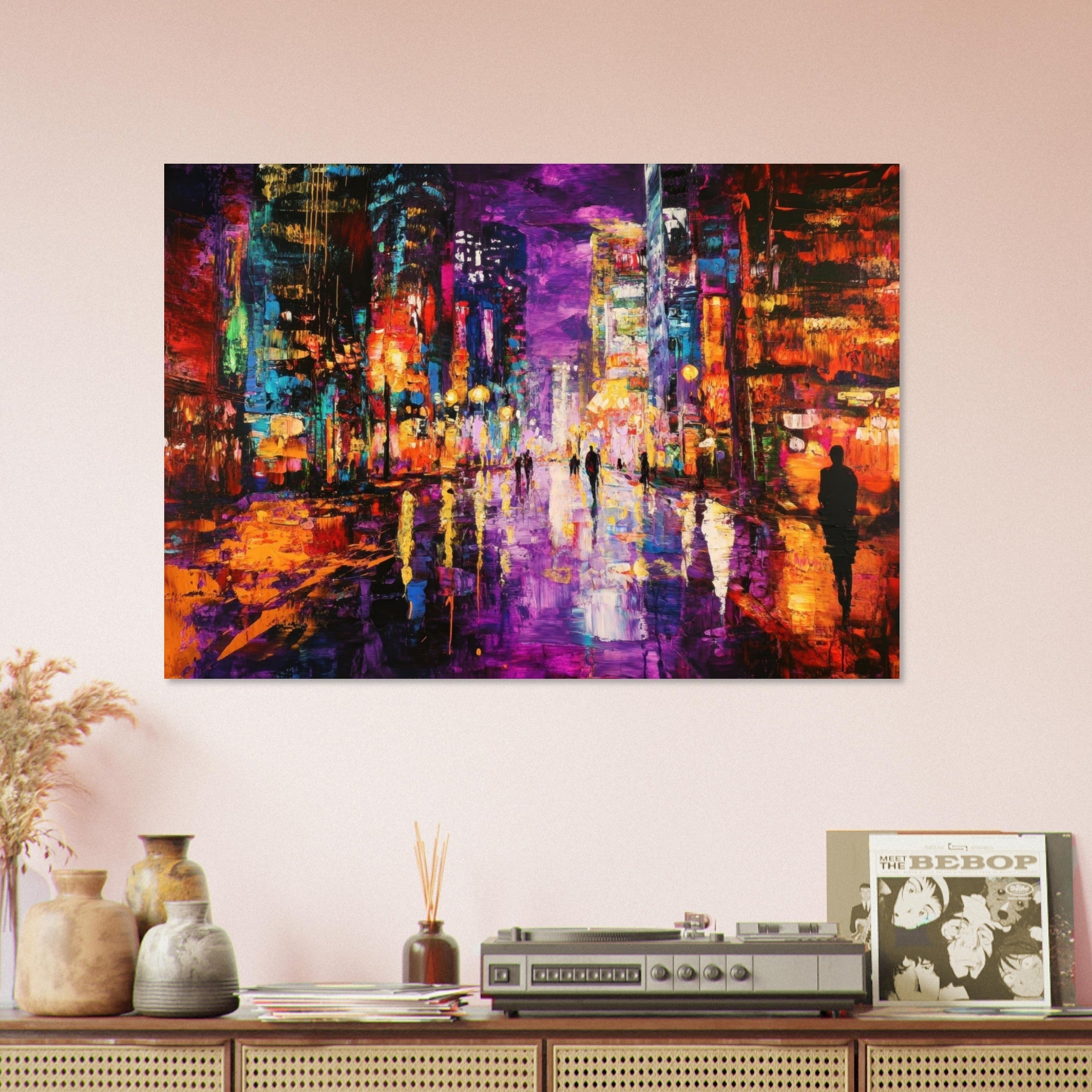 Aluminum Print Landscape - A cityscape bathed in the dim glow of streetligh - Shop Ai Art WebShop - Digital Art online Store