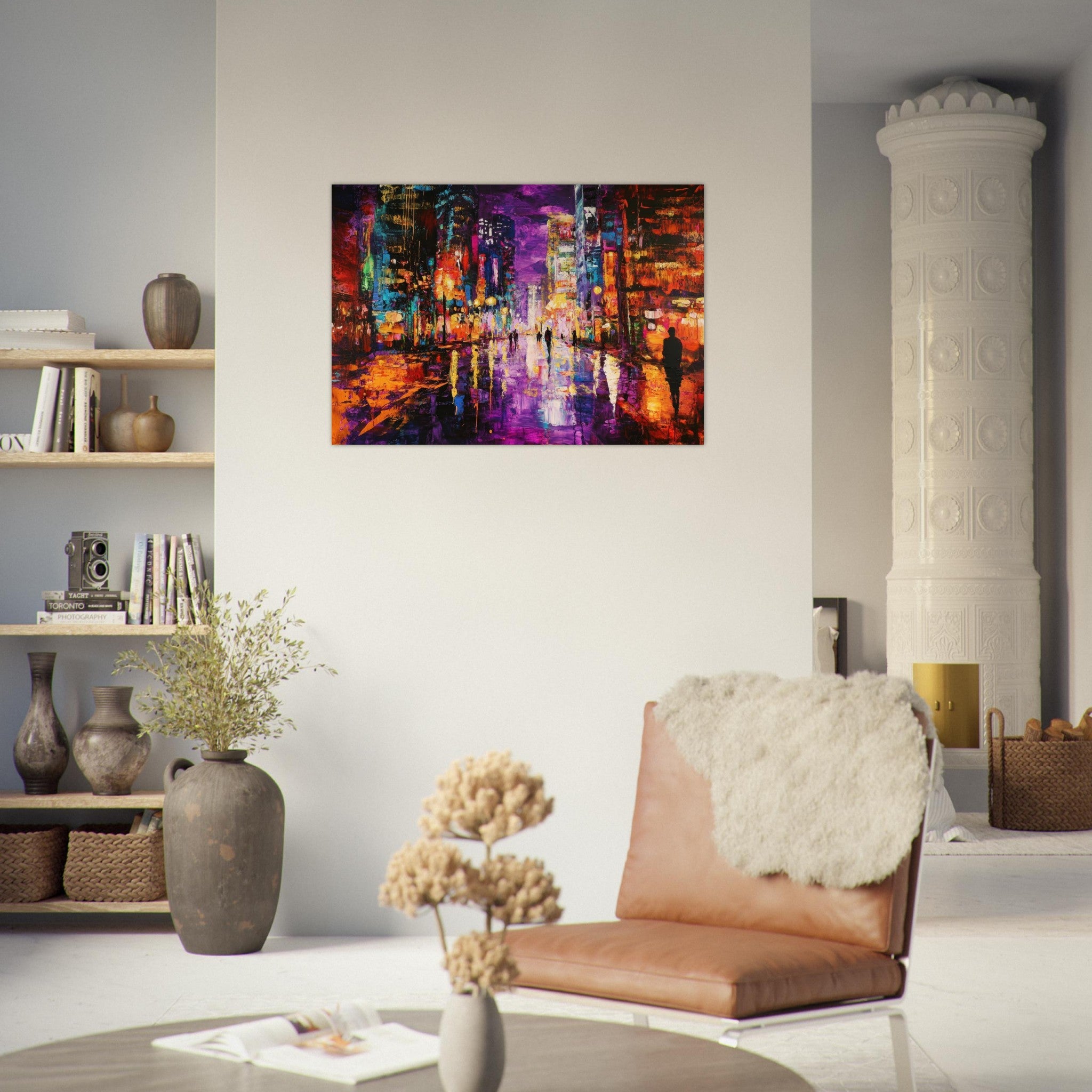 Aluminum Print Landscape - A cityscape bathed in the dim glow of streetligh - Shop Ai Art WebShop - Digital Art online Store