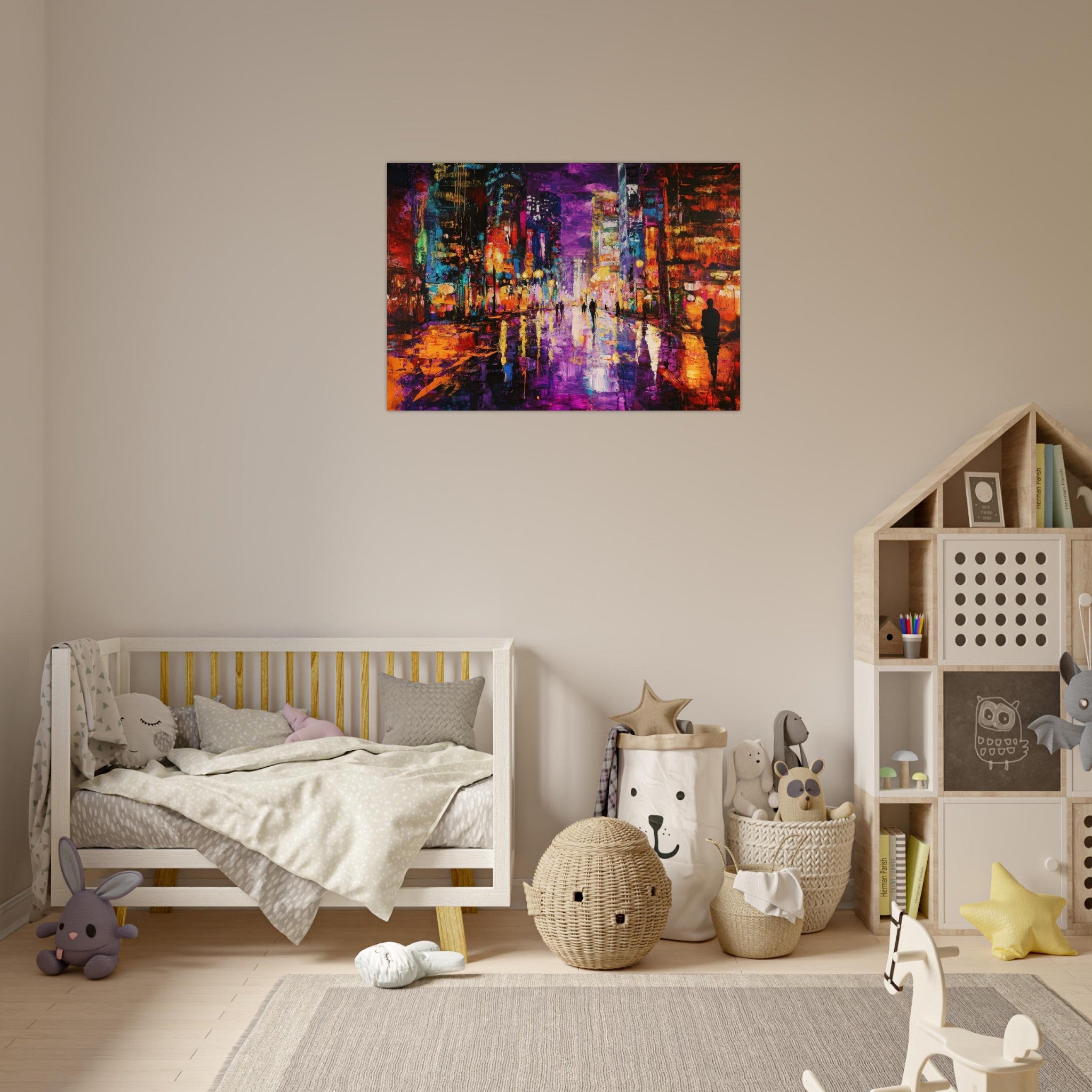 Aluminum Print Landscape - A cityscape bathed in the dim glow of streetligh - Shop Ai Art WebShop - Digital Art online Store