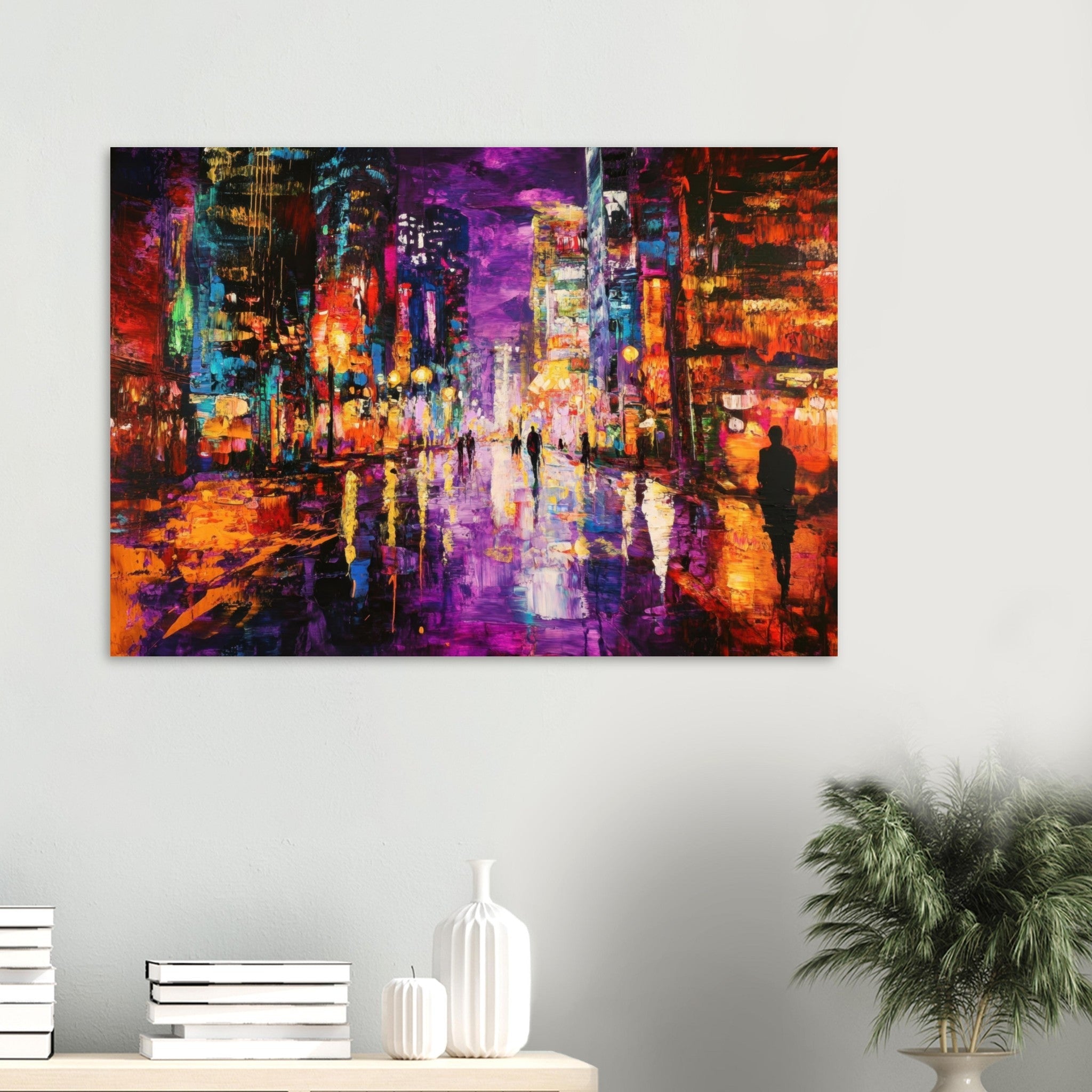 Aluminum Print Landscape - A cityscape bathed in the dim glow of streetligh - Shop Ai Art WebShop - Digital Art online Store