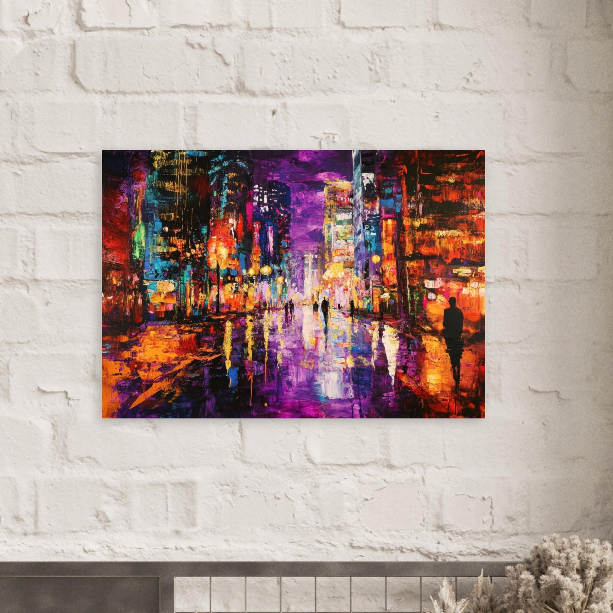Aluminum Print Landscape - A cityscape bathed in the dim glow of streetligh - Shop Ai Art WebShop - Digital Art online Store