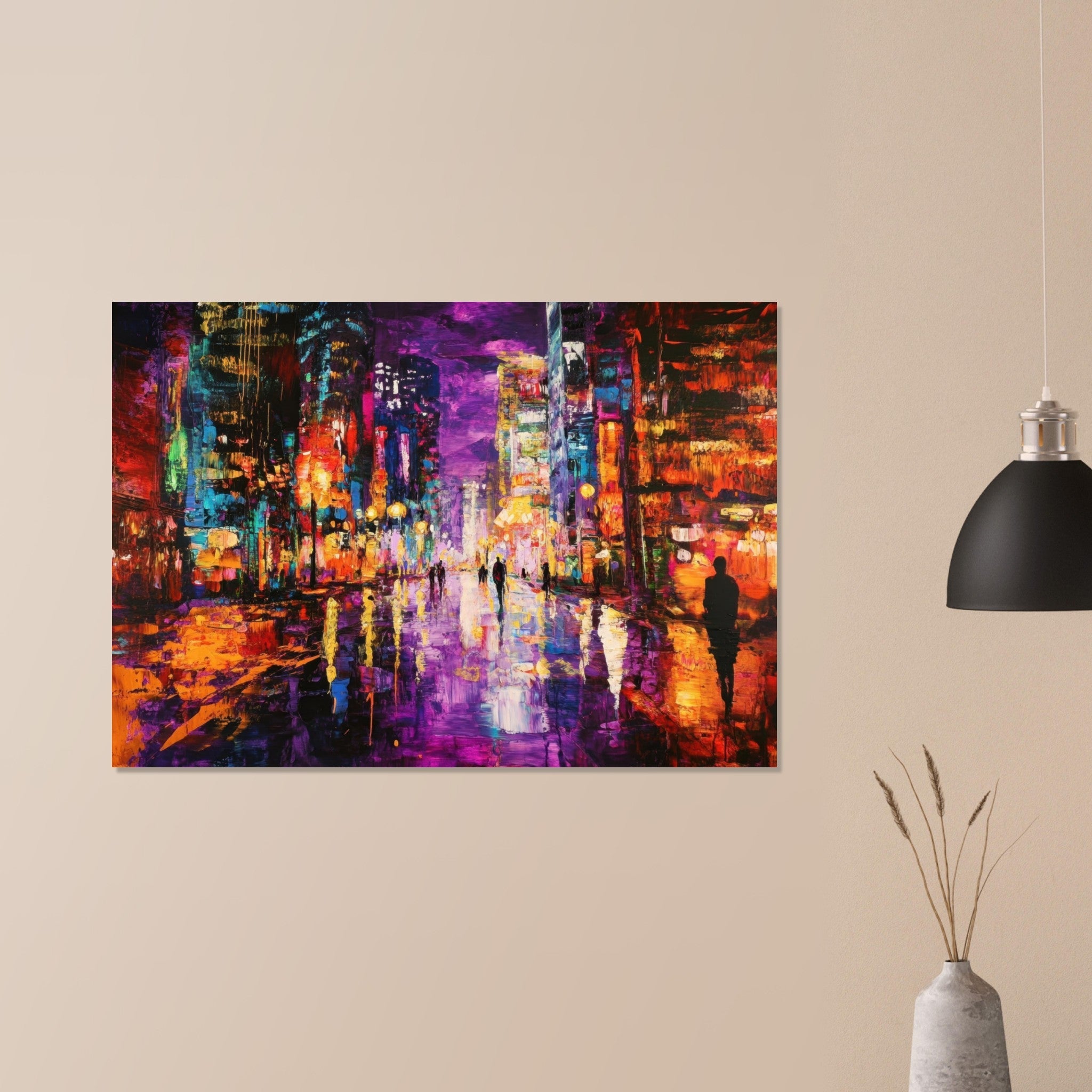 Aluminum Print Landscape - A cityscape bathed in the dim glow of streetligh - Shop Ai Art WebShop - Digital Art online Store