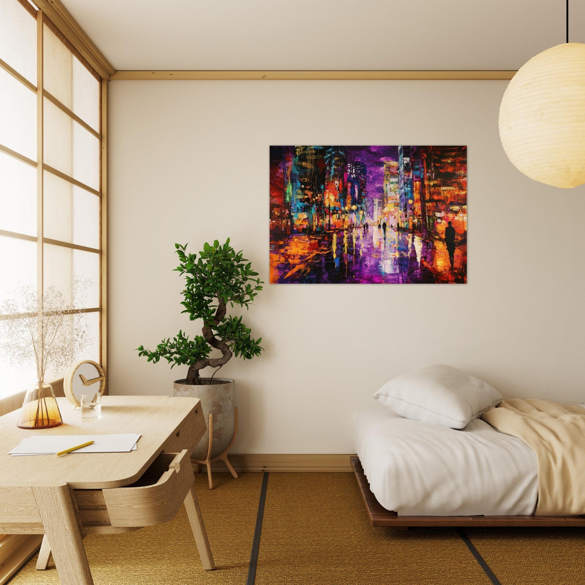 Aluminum Print Landscape - A cityscape bathed in the dim glow of streetligh - Shop Ai Art WebShop - Digital Art online Store