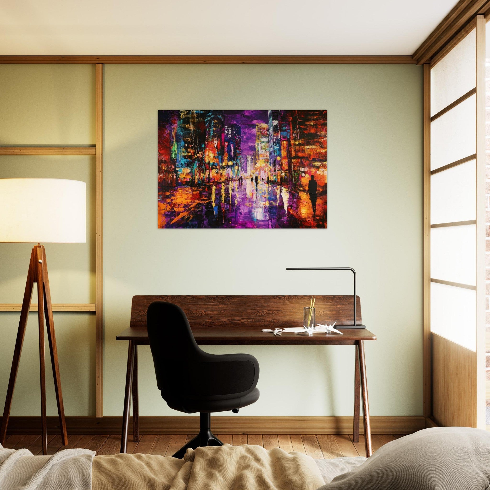 Aluminum Print Landscape - A cityscape bathed in the dim glow of streetligh - Shop Ai Art WebShop - Digital Art online Store