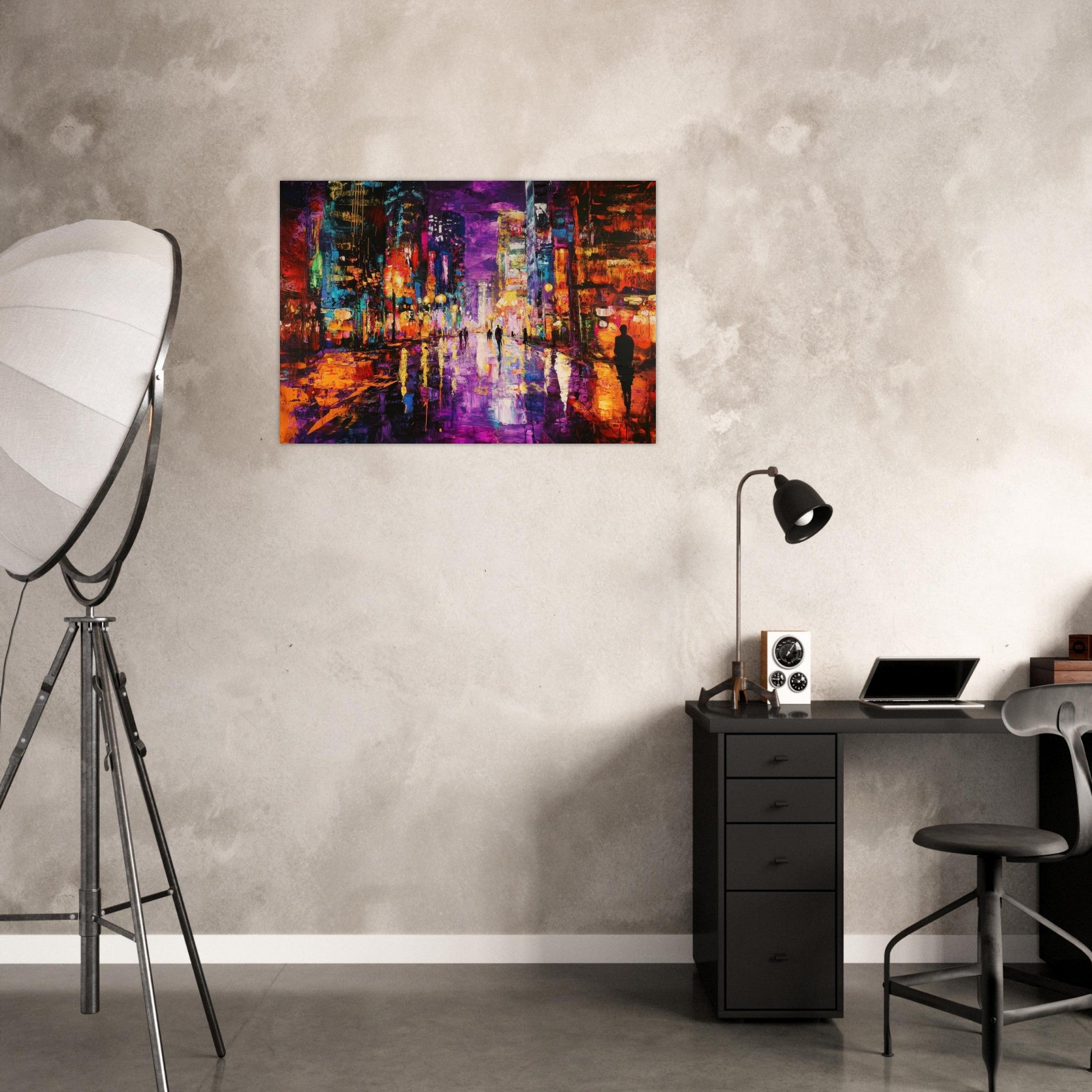 Aluminum Print Landscape - A cityscape bathed in the dim glow of streetligh - Shop Ai Art WebShop - Digital Art online Store