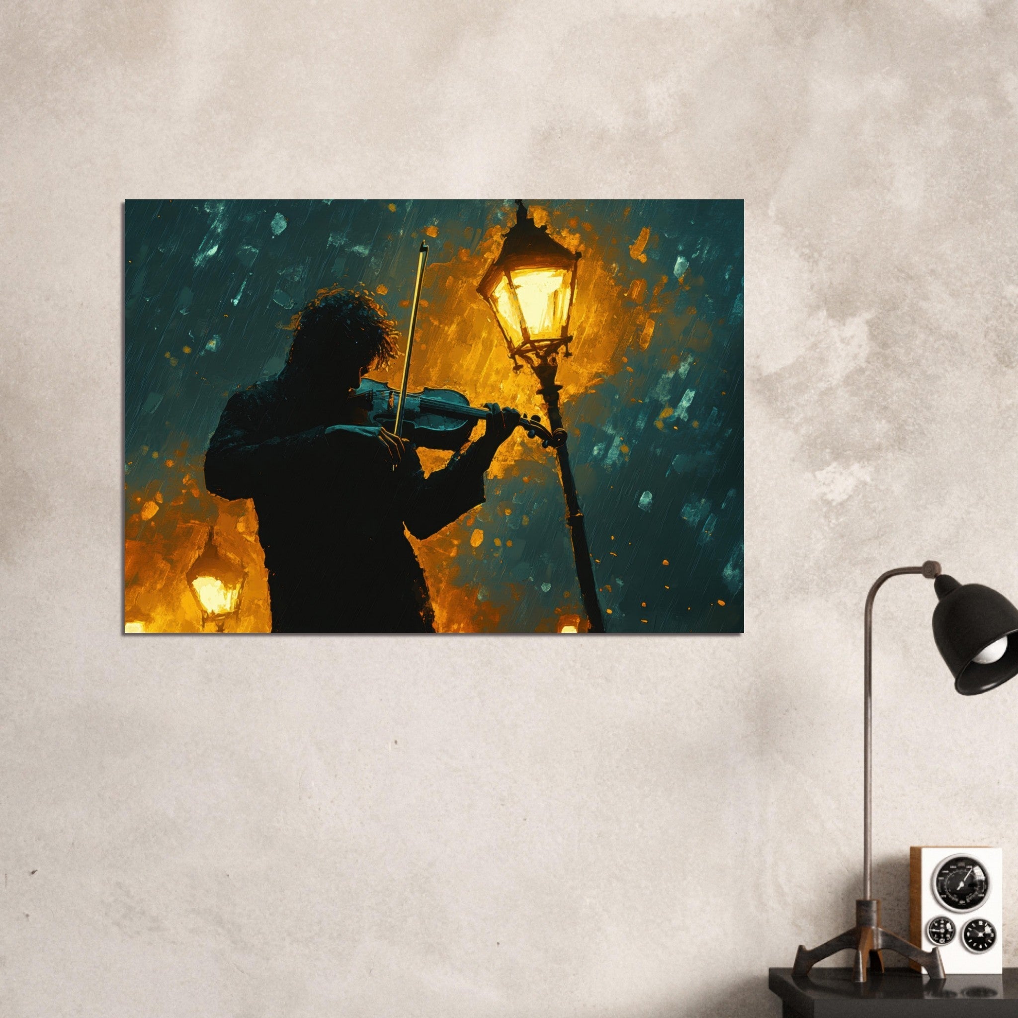 Aluminum Print Landscape - A lone violinist stands beneath a flickering sir - Shop Ai Art WebShop - Digital Art online Store