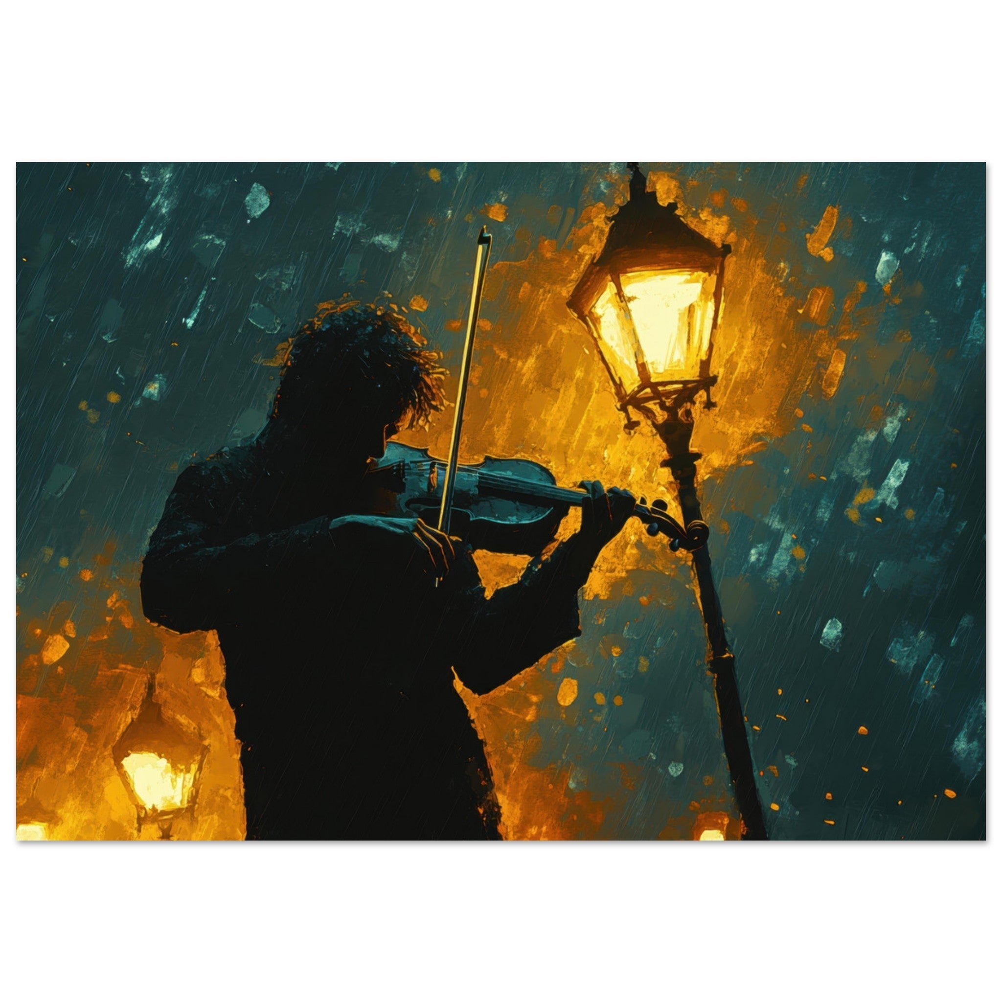 Aluminum Print Landscape - A lone violinist stands beneath a flickering sir - Shop Ai Art WebShop - Digital Art online Store