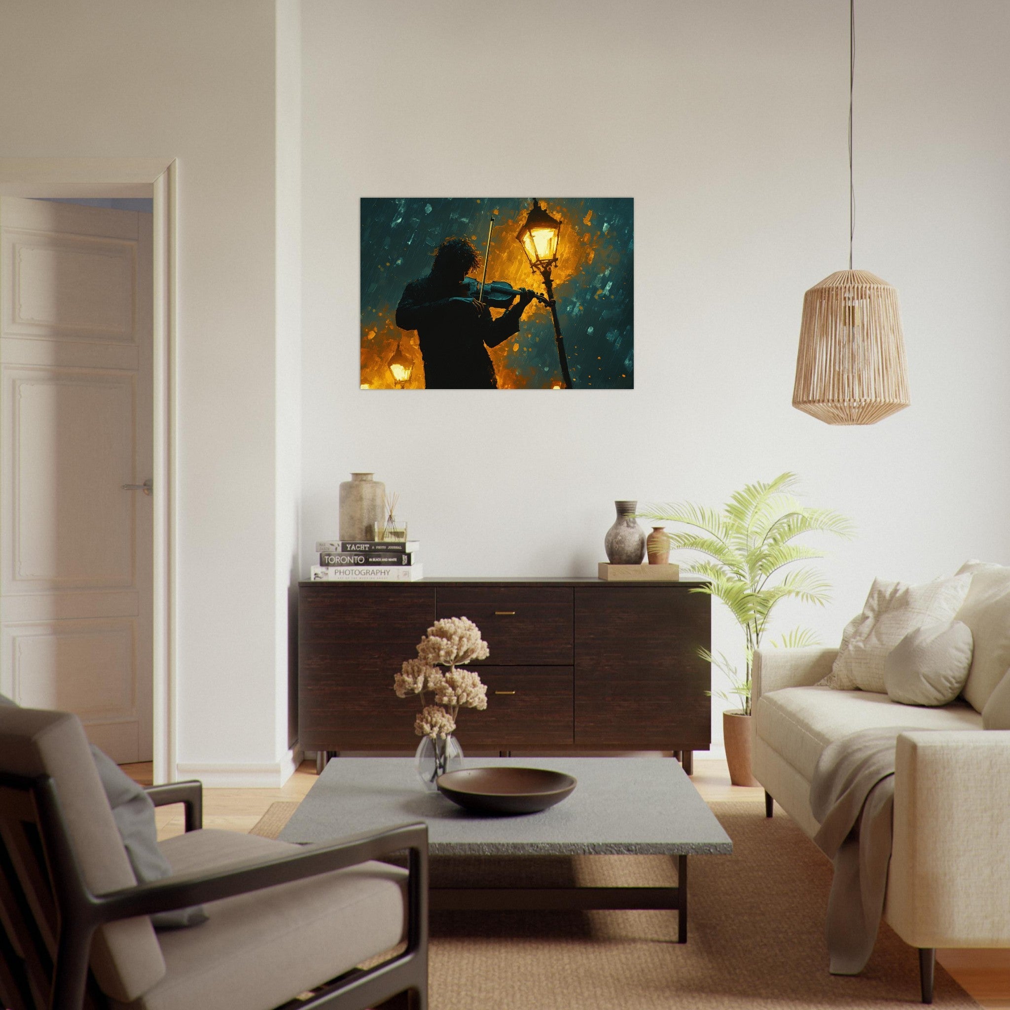 Aluminum Print Landscape - A lone violinist stands beneath a flickering sir - Shop Ai Art WebShop - Digital Art online Store