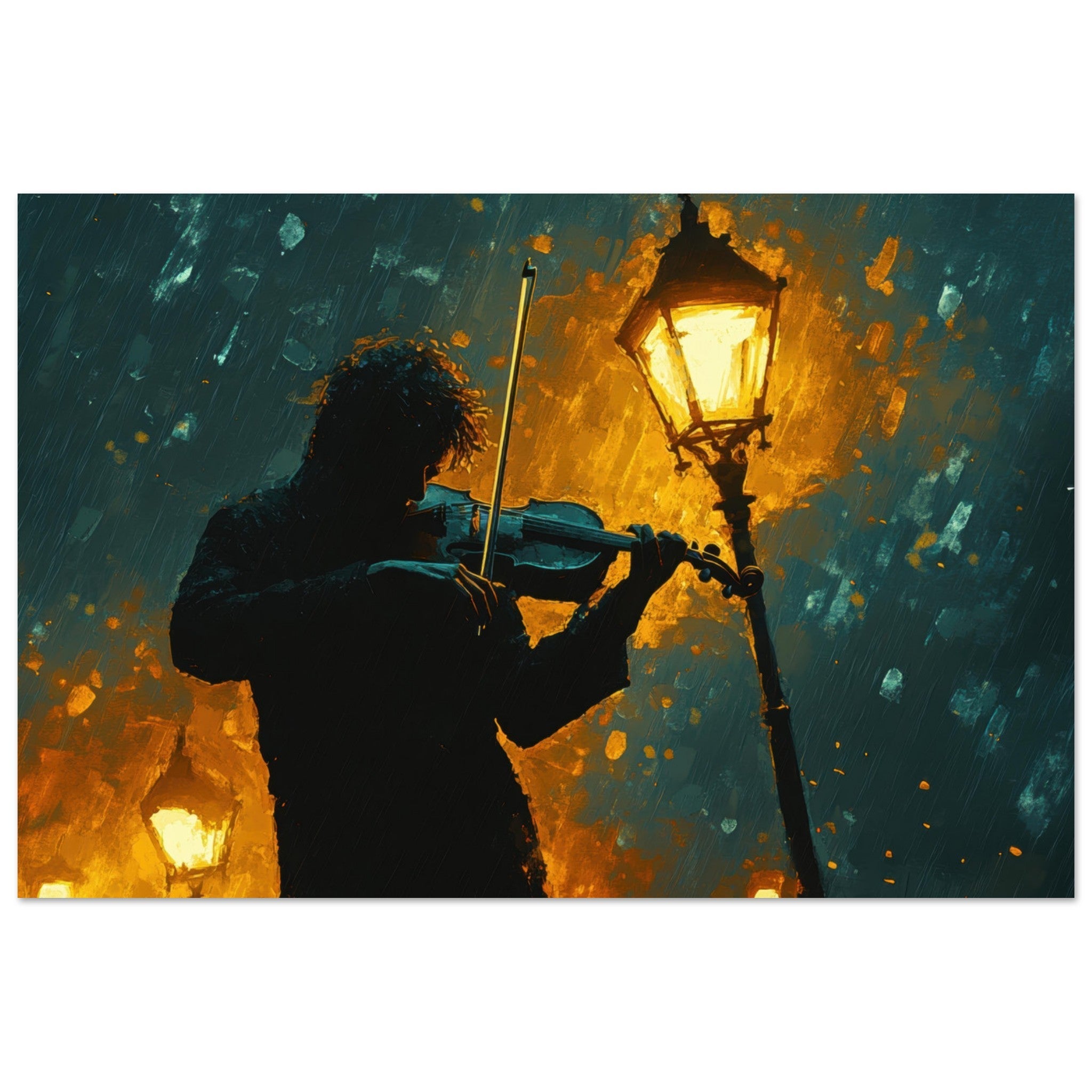 Aluminum Print Landscape - A lone violinist stands beneath a flickering sir - Shop Ai Art WebShop - Digital Art online Store