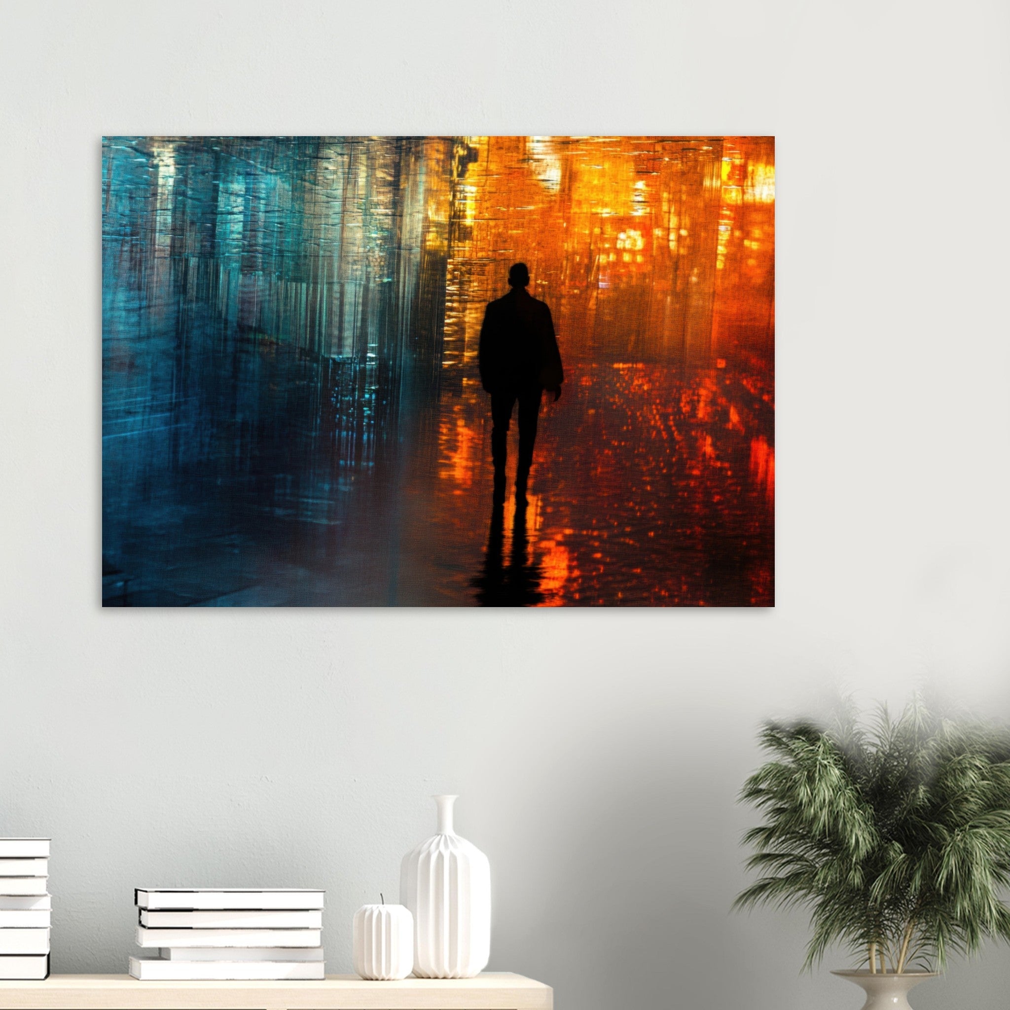 Aluminum Print Landscape - A lonely figure walks the rain - drenched streets - Shop Ai Art WebShop - Digital Art online Store