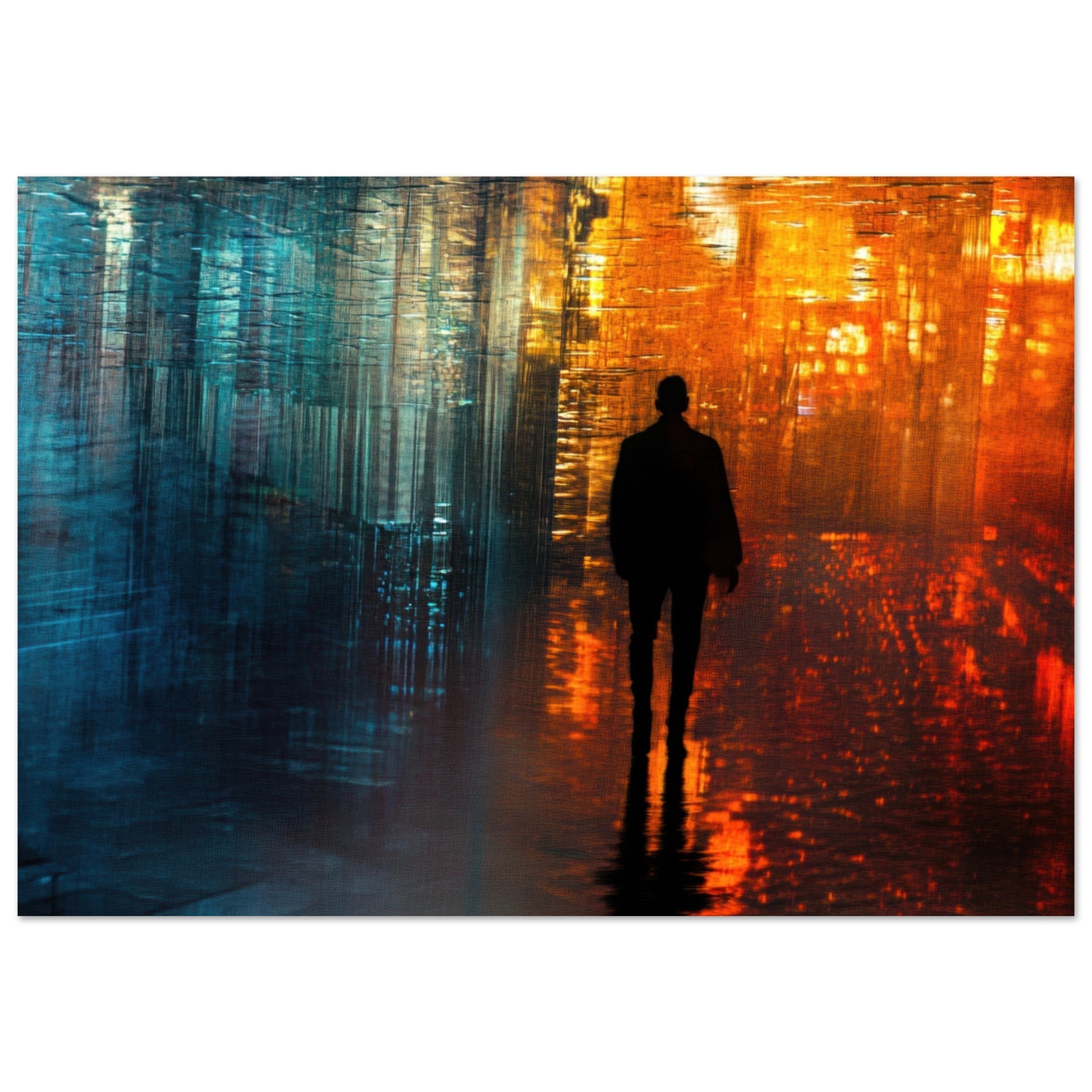 Aluminum Print Landscape - A lonely figure walks the rain - drenched streets - Shop Ai Art WebShop - Digital Art online Store