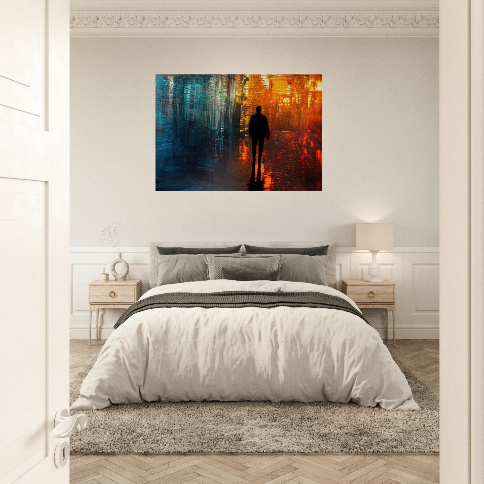 Aluminum Print Landscape - A lonely figure walks the rain - drenched streets - Shop Ai Art WebShop - Digital Art online Store
