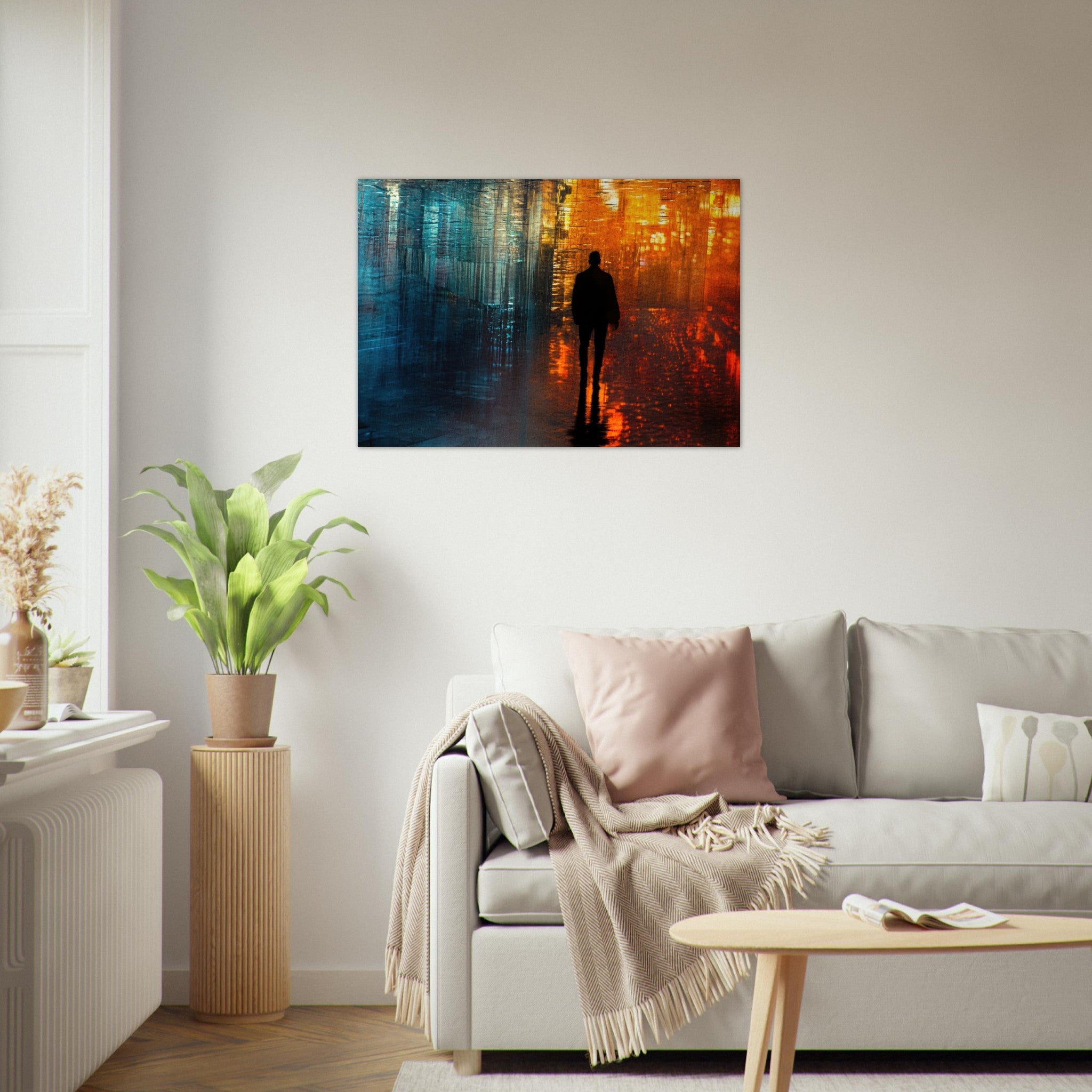Aluminum Print Landscape - A lonely figure walks the rain - drenched streets - Shop Ai Art WebShop - Digital Art online Store