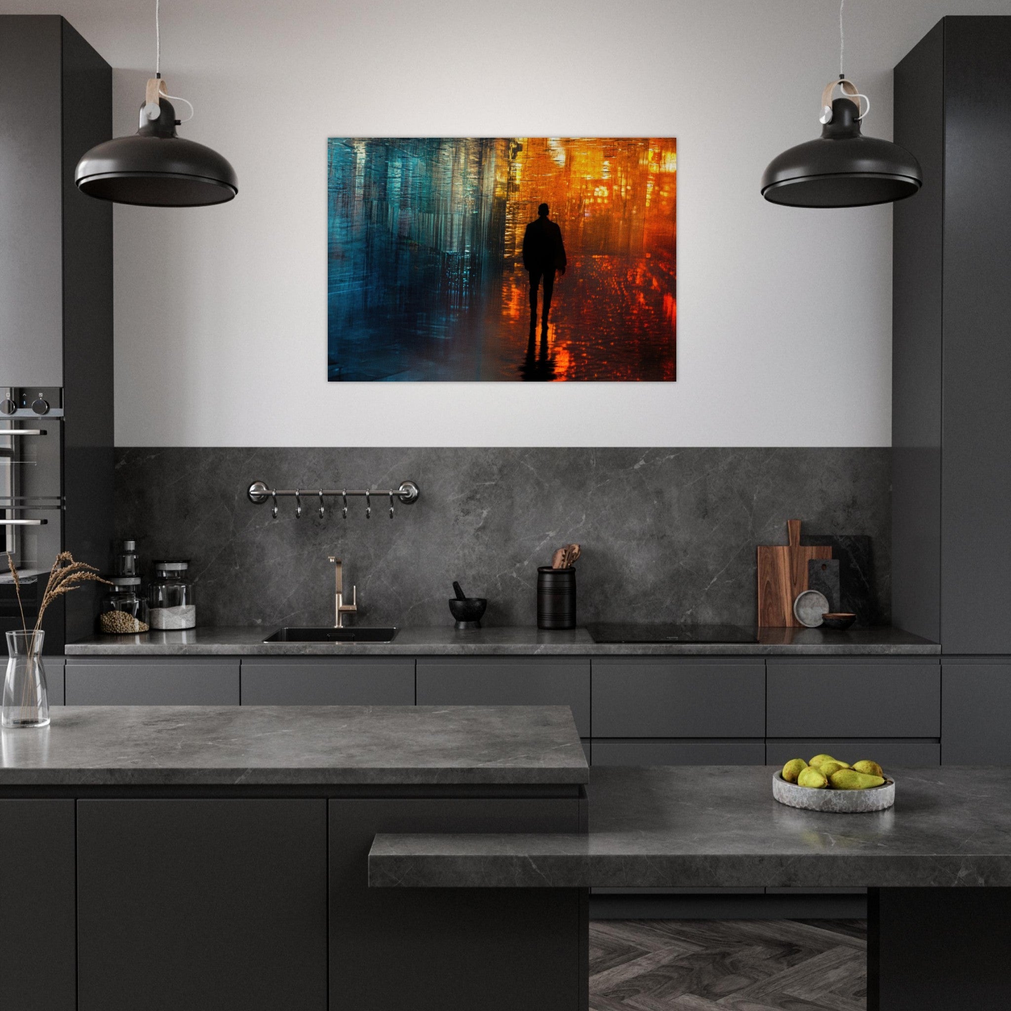Aluminum Print Landscape - A lonely figure walks the rain - drenched streets - Shop Ai Art WebShop - Digital Art online Store
